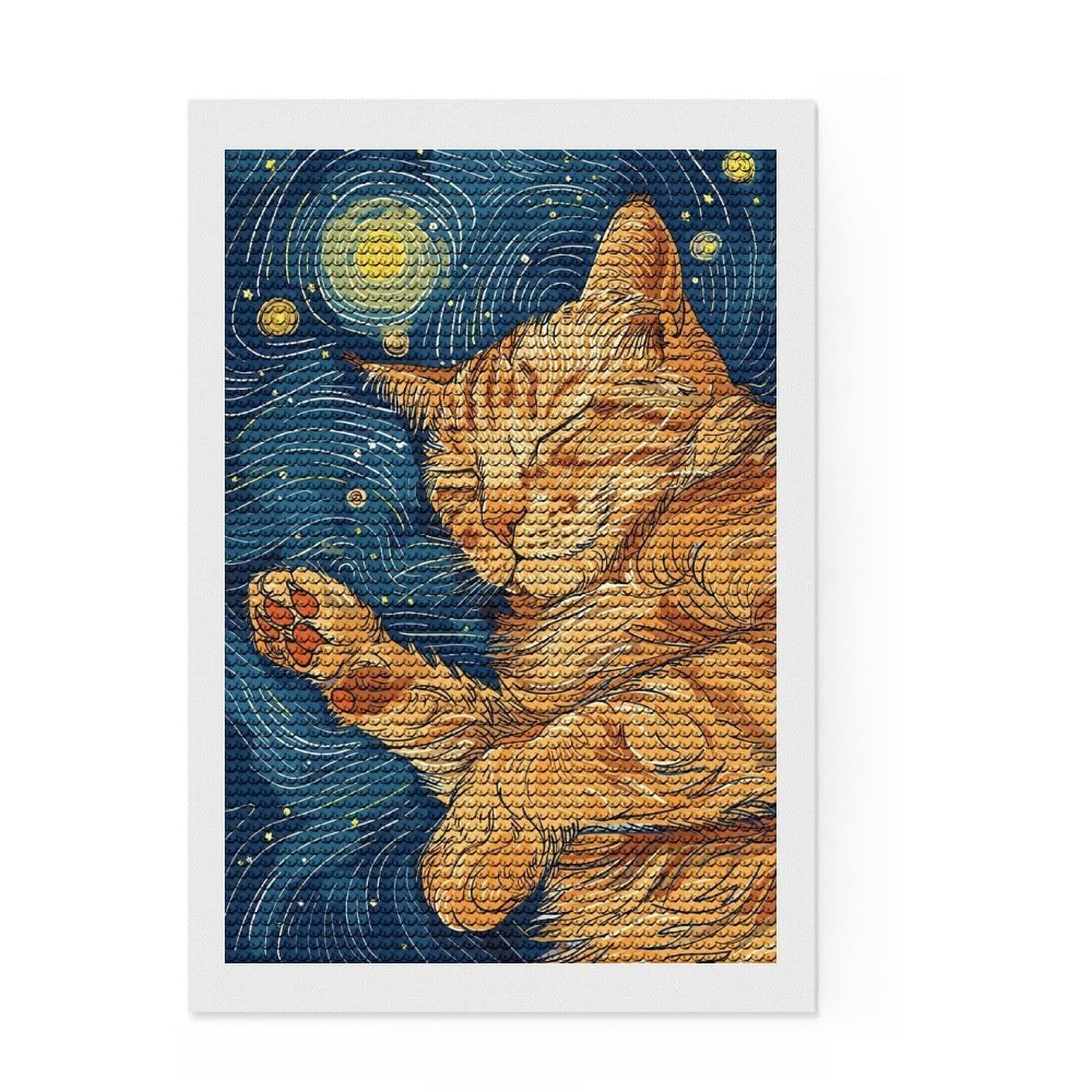 Junmoney Sleeping Cat Starry Night Art Diamond Art Canvas 8"x12", for Adults, Enjoyable At-Home Hobby, Bedroom Decor, Festive Craft Gift, Easy to Enjoy