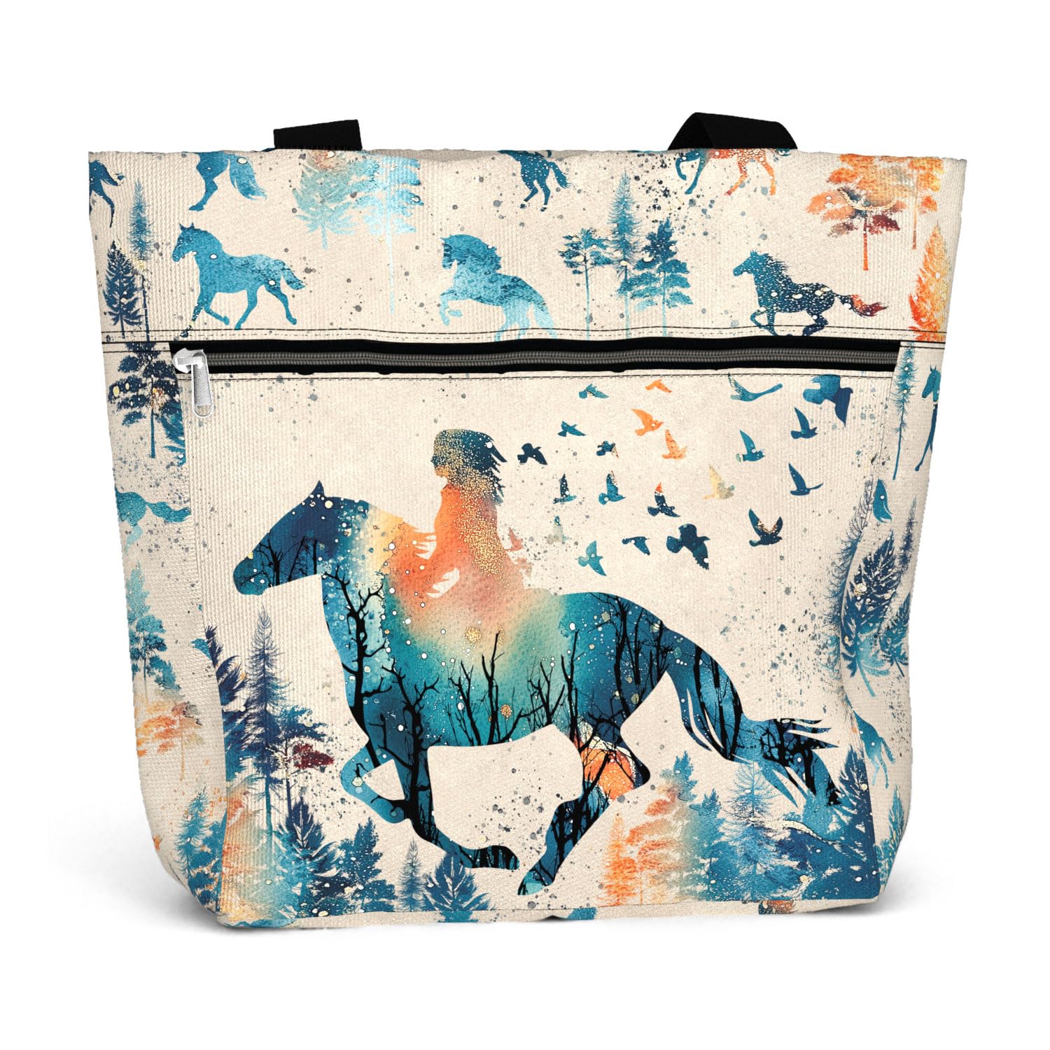 84hoods Large Tote Bag for Women. Waterproof Bag with Pockets and Zipper. Gift for Horse Lover.