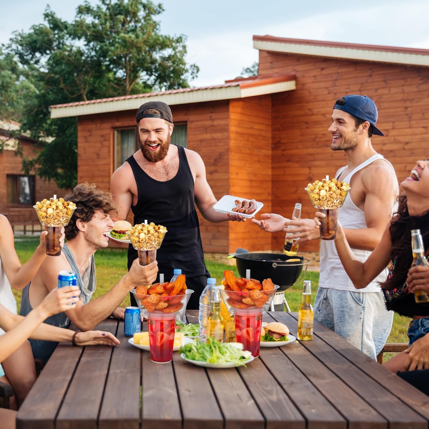 25 Sets 2-in-1 Snack and Drink Cup with Straws, Clear Plastic Stadium Tumblers with Snack Bowl Lid, Disposable Party Cups for Movie Night, Road Trips & Stadium (Classic Size)