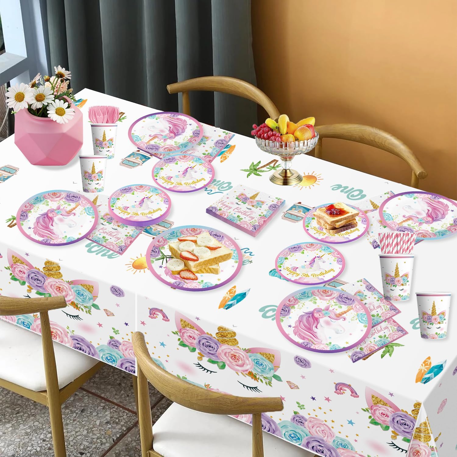 162pcs Unicorn 5th Birthday Decorations for Girl: Unicorn Plates, Napkins, Banner, Hanging Swirls, Tablecloth, Cake Topper - Pink, Purple - Serves 25