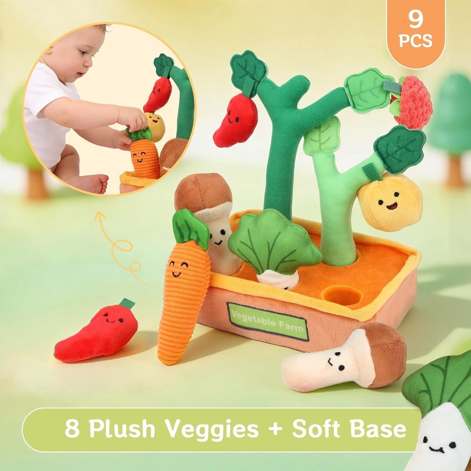 Baby Sensory Toys Plush Fruits and Vegetables, Plush Farm Developmental Toys 6-12 Months for Toddlers with Crinkle Rattle Squeaker Textures, 9 PCS Pull Out Fine Motor Skill Toddler Learning Toys