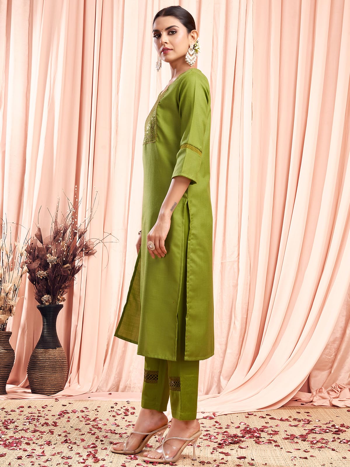 Sanisa Women's Cotton Blend Sequence Embroidery Work Straight Kurta With Pant And Lace Work Dupatta (80Kbd895Nz-Xxl_Parrot Green)