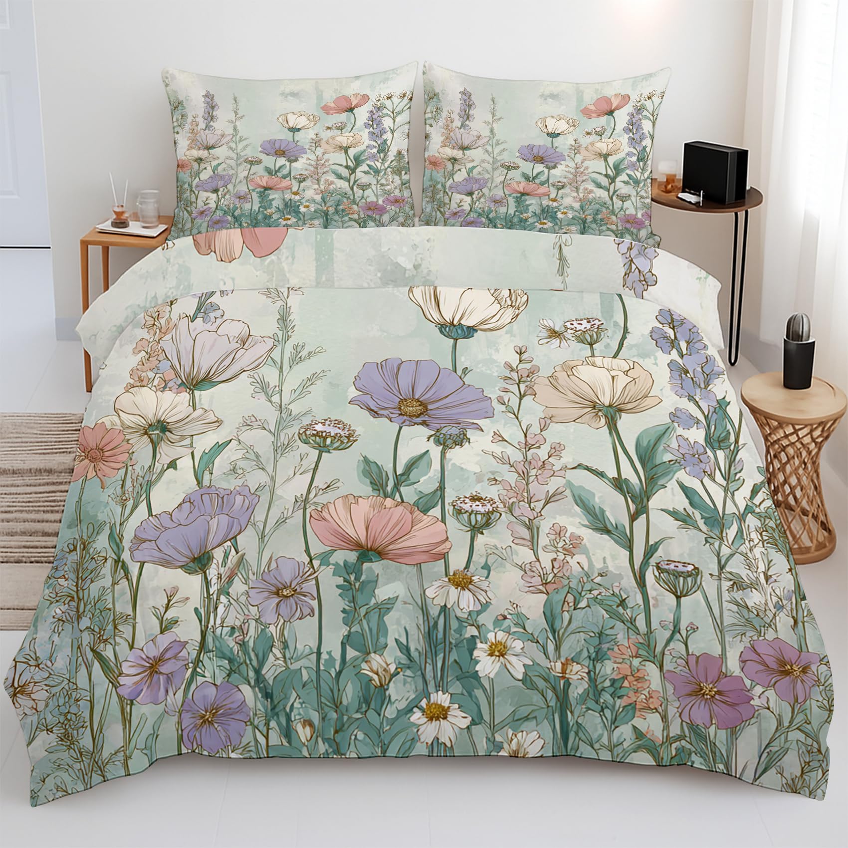 Housse de couette fleurie vert 200x200 parure de lit complète drap housse taies d'oreiller 4 pcs