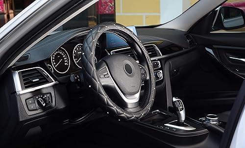 Miniatura 4 de LABBYWAY Funda para volante de piel con diamantes de imitación brillantes, ajuste universal de 15 pulgadas, funda para volante de automóvil para