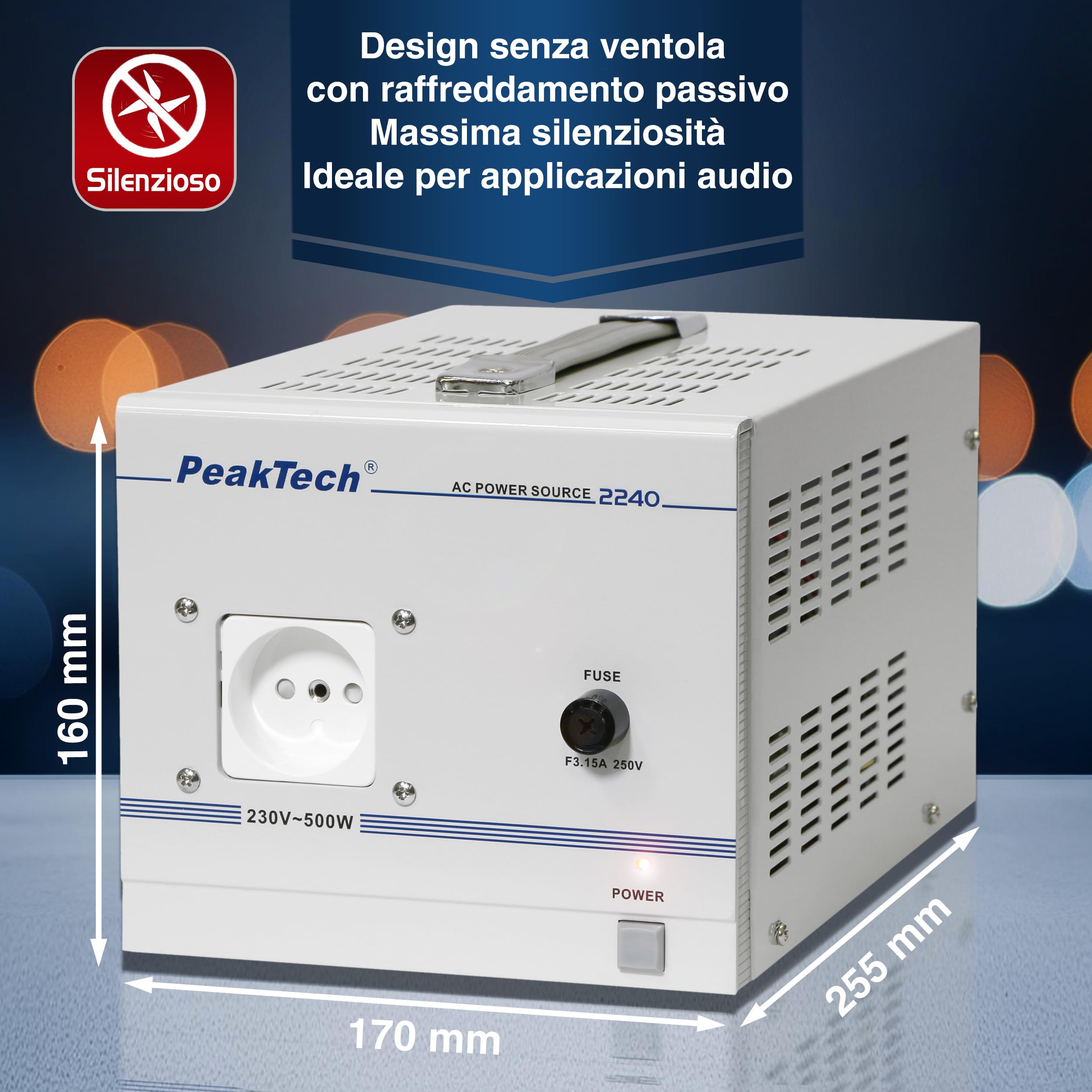 Peaktech 2240 - Trasformatore di Isolamento, Dispositivo di Misurazione, Nucleo Toroidale, Isolamento Galvanico, Classe di Protezione 1-160 x 125 x 235 mm