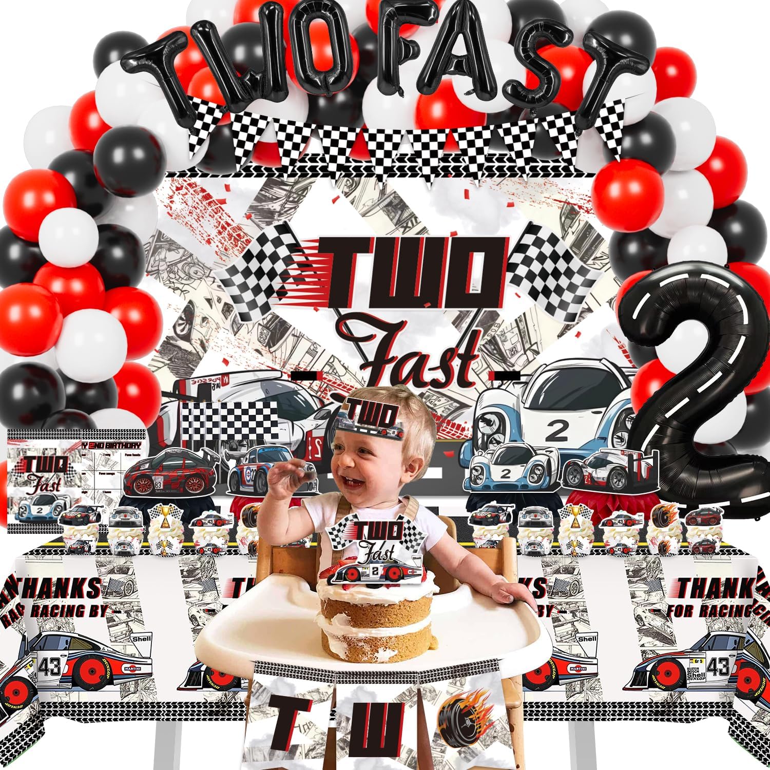 Mpanwen Two Fast Birthday Decorations for Boys, 153 Pcs Race Car Birthday Party Supplies - Backdrop, Toppers, Cupcakes Wrappers, Tablecloth, Flags, Centerpiece, Highchair Nanner, Crown and Poster
