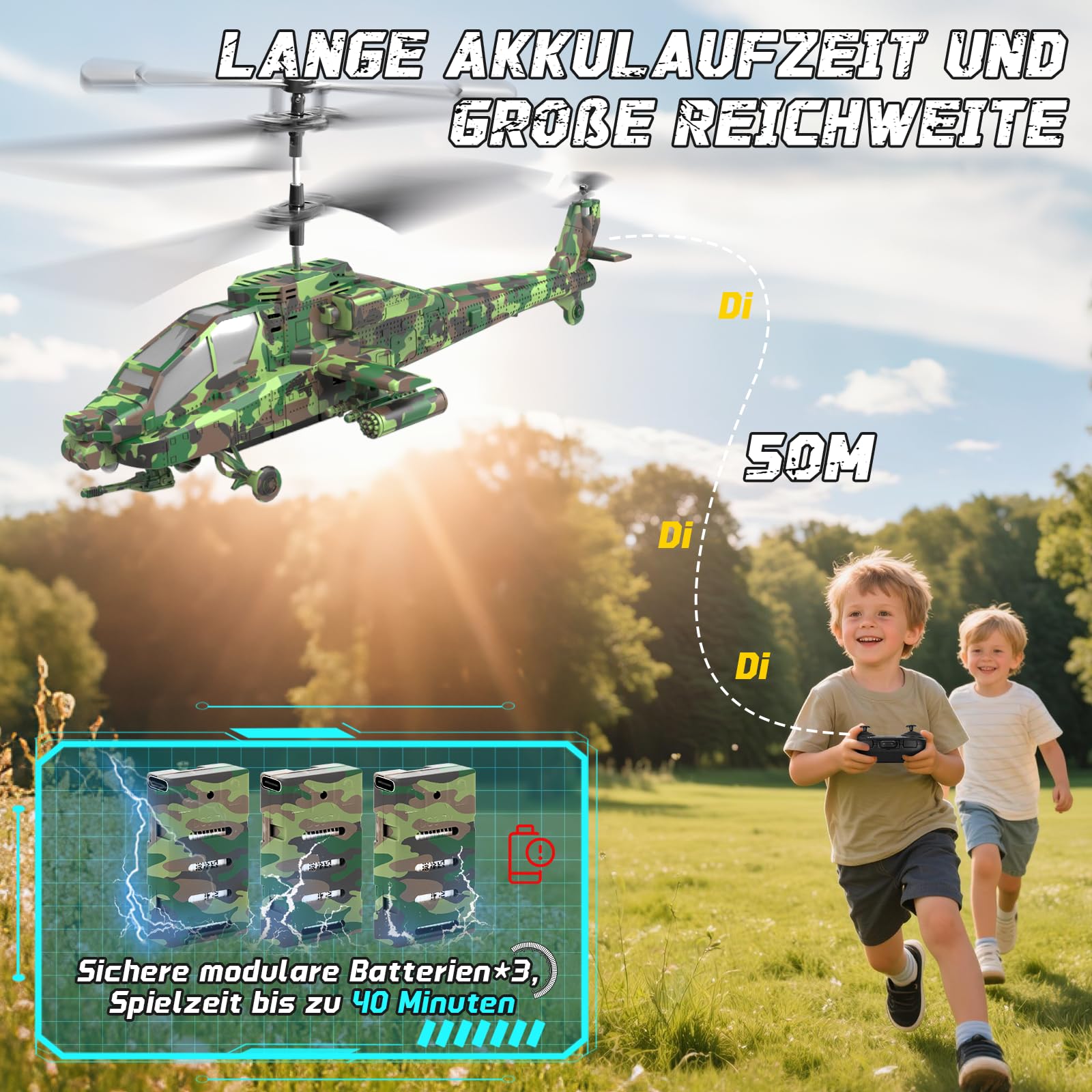 Charmofun Hubschrauber Ferngesteuert, 2,4Ghz RC Helikopter mit Licht und 3 Akkus, 40 Minuten Flugzeit, 3.5 Kanäle Helikopter Ferngesteuert mit Höhenhaltefunktion, Geschenke für Kinder ab 8 Jahre(Grün)