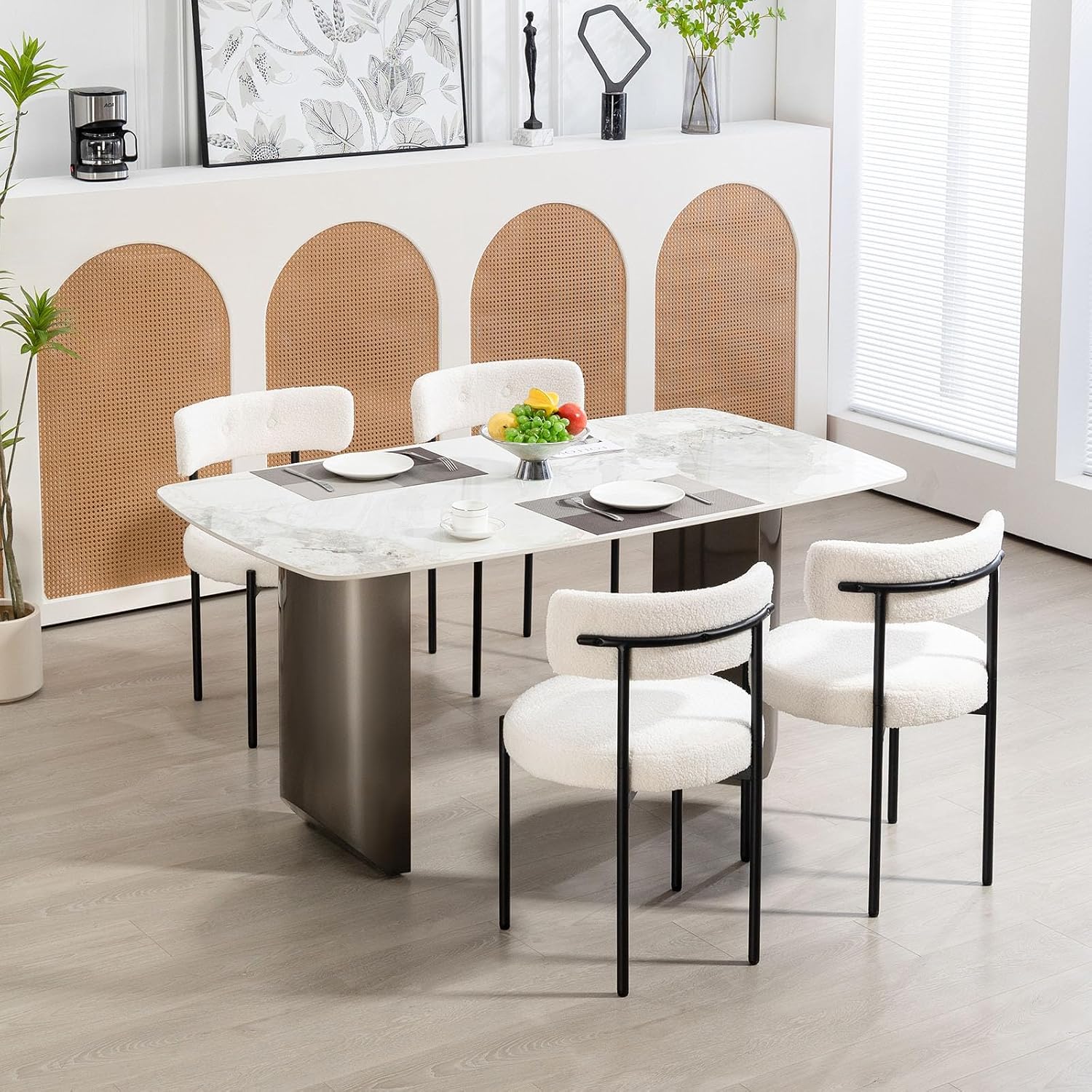 AVAWING White Boucle Dining Chairs Set of 4, Modern Kitchen Chairs with Black Metal Legs and Curved Backrest, Round Dining Room Chairs for Dining Room and Kitchen