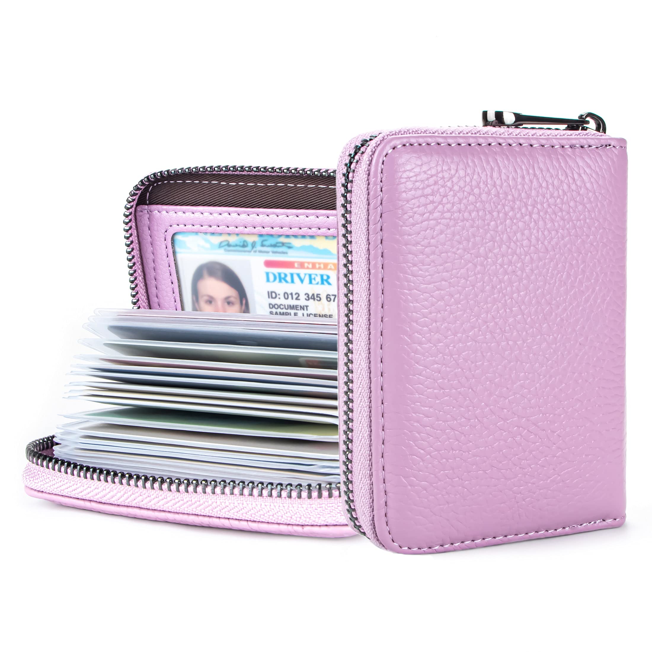 Suweibuke Genuine Leather Credit Card Holder Zipper Wallet RFID Blocking Secure Card Case ID Case Organizer Light Purple