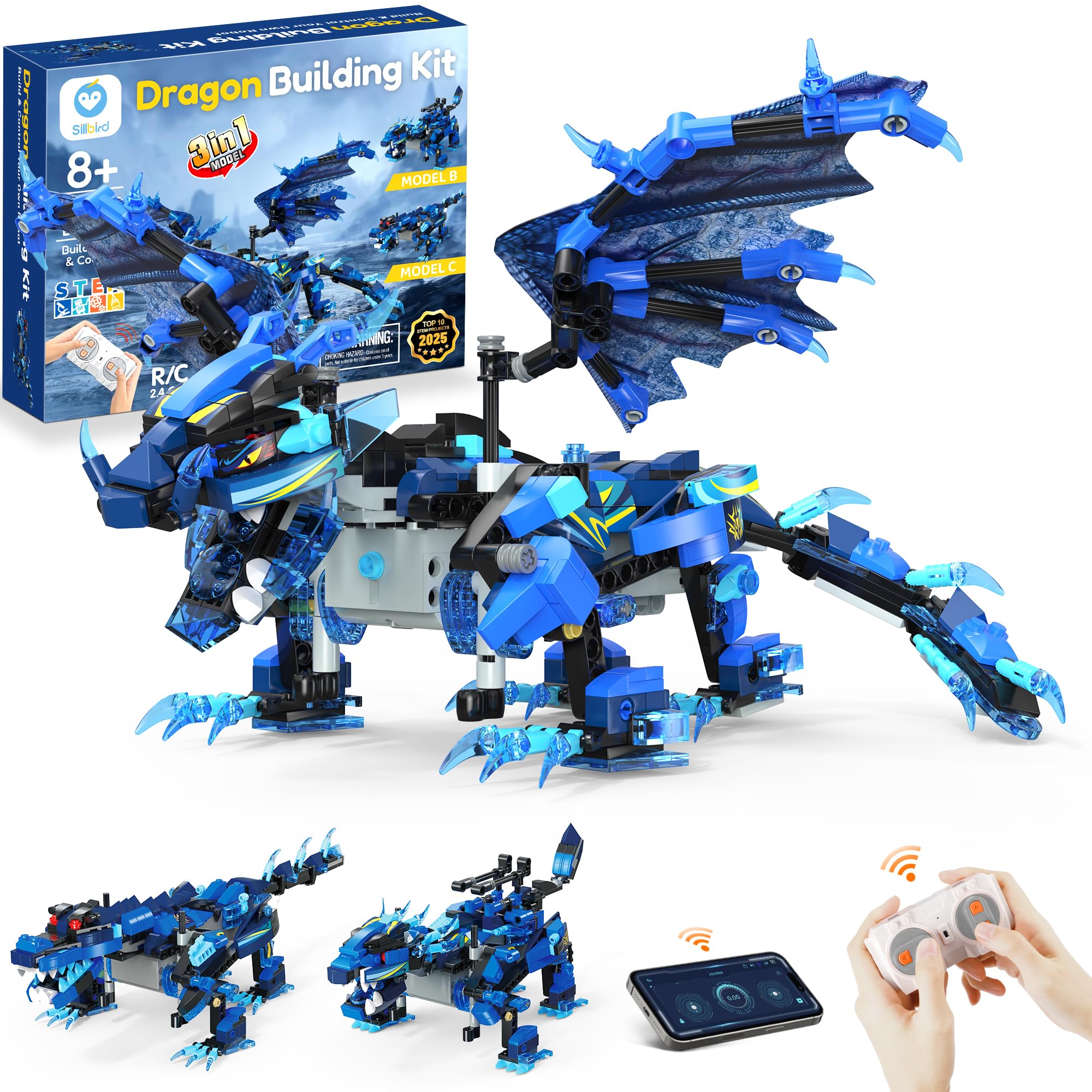 Sillbird Dragon Building Kit with Remote Control STEM Gifts for Kids Boys Ages 8-12, Technic Buildable Coding Toys for Birthday with 590 Pieces