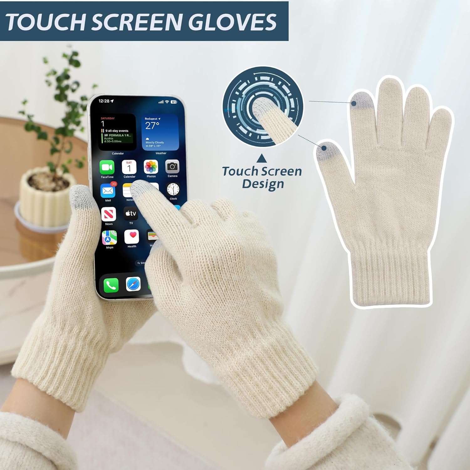 Double Couple 3pcs Winter Women scarf and hat and Touch Screen Gloves Set for Women Knit Hat with Faux Fur Ball Scarves Glove - Image 5