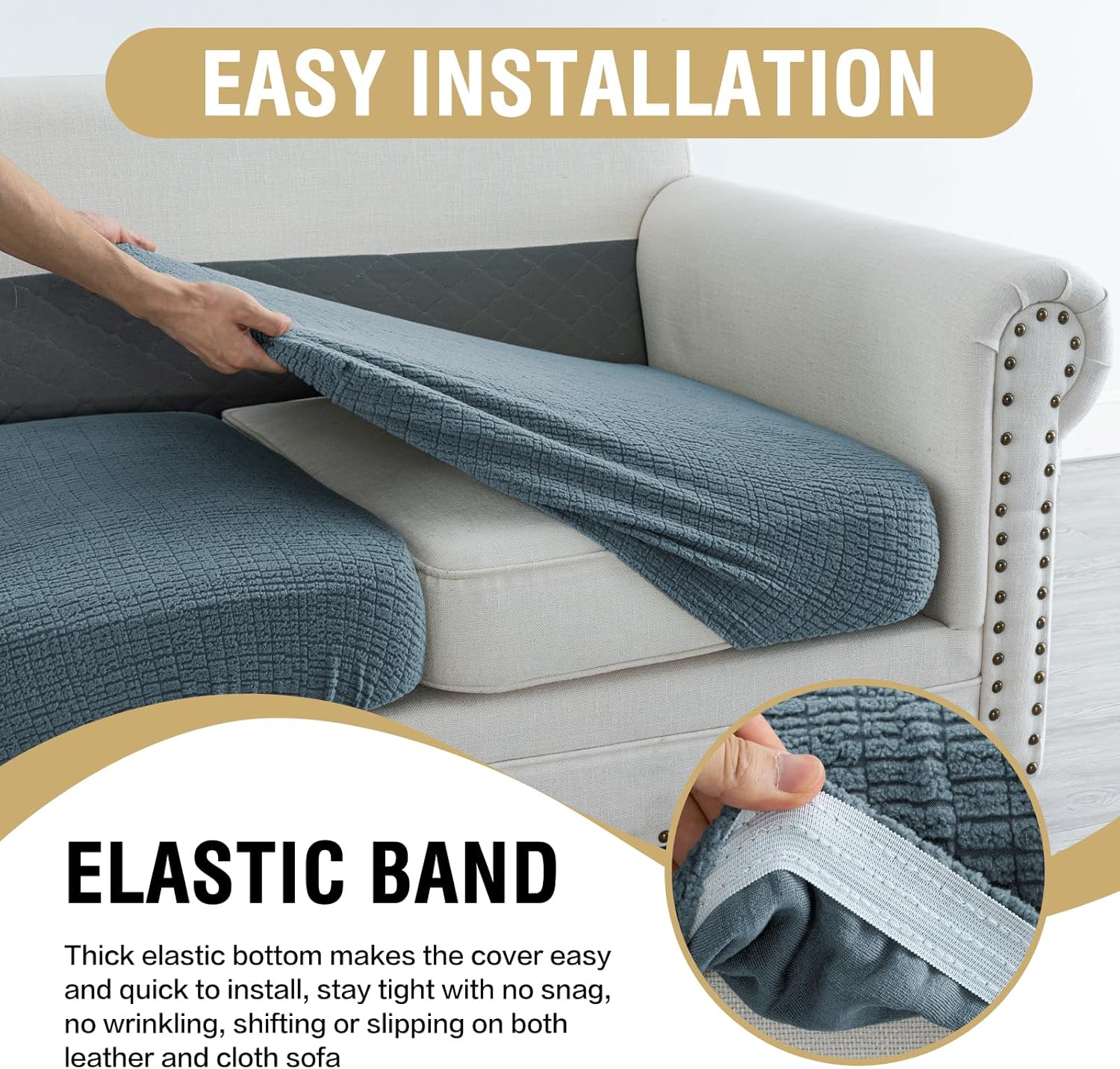 H.VERSAILTEX Super Stretch Individual Jacquard Couch Cushion Covers Furniture Protector Spandex Anti-Slip Soft Thickened Slipcovers Easy Install, (1 PC, Chaise Couch Cover, Stone Blue)