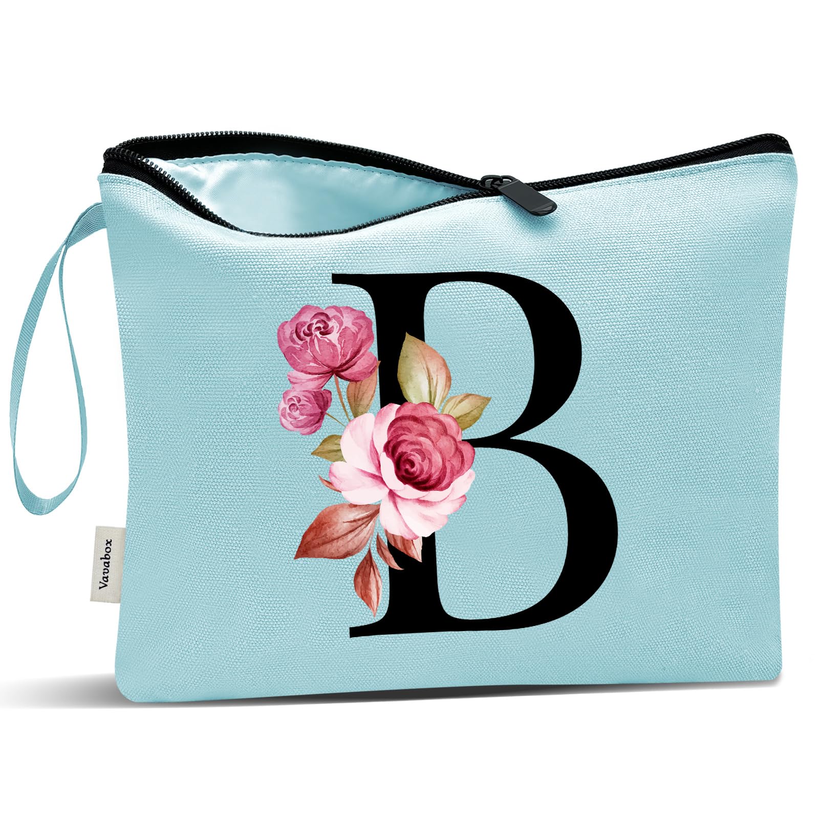 Vavabox A-Z Personalized Makeup Bag, Birthday Gifts for Women Mom, Gifts for Best Friend, Bride Bridesmaid Cosmetic bag (B, Aqua)