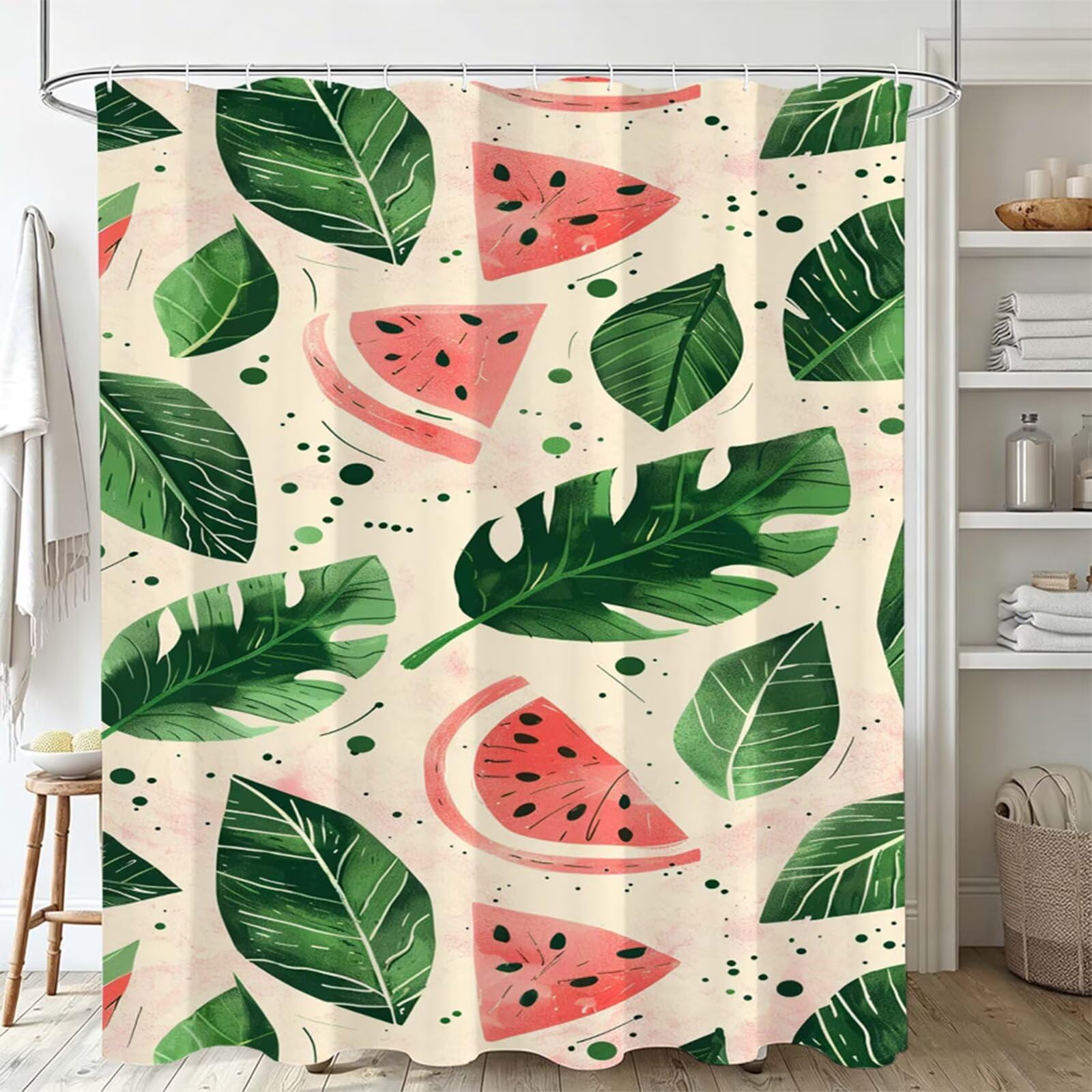 Duschvorhang Grün, Polyester Stoff aus Textil – Wasserdicht – Waschbar – Inkl 12 Ringe – Badewannenvorhang für Dusche & Badewanne, Shower Curtains 160x200cm Wassermelone J-724