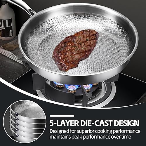 Miniatura 4 de PakaLife Sartén de titanio con martillo y tapa, utensilios de cocina profesionales de titanio y acero inoxidable de 10.23 pulgadas, juego de ollas y