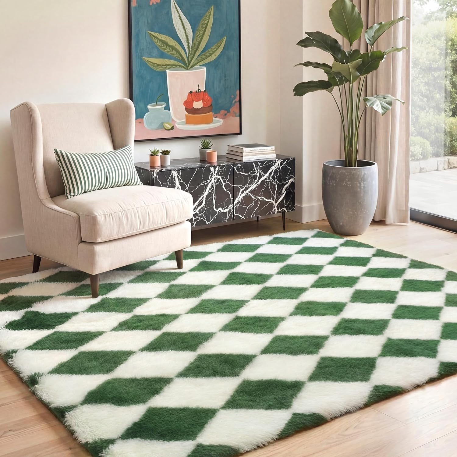 GENIMO Checkered Rug 5x7 Area Rugs for Kids Bedroom Soft Shag Rug Fluffy Fuzzy Carpet Plush Rugs for Living Room Nursery Playroom Dorm Modern Home Decor Aesthetic, Green and White