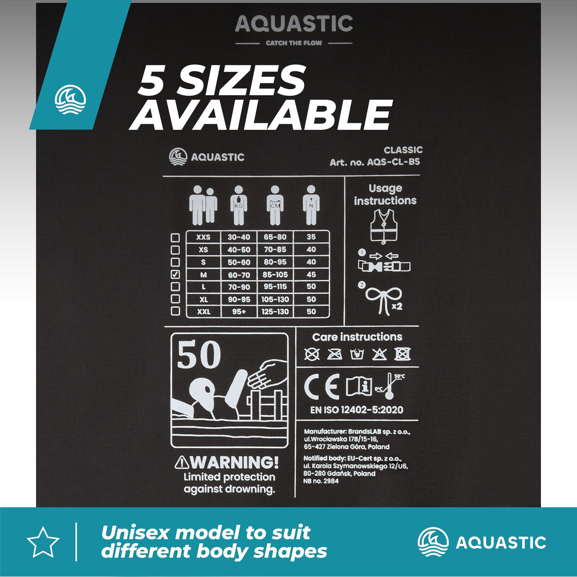 AQUASTIC Classic 50N Sicherungsweste - aus Polyamid, Polyethylenschaum, 50N Auftrieb, Verstellbarer Gürtel, Kordelzug, Trockenschlaufe, Kajak, Schlauchboot