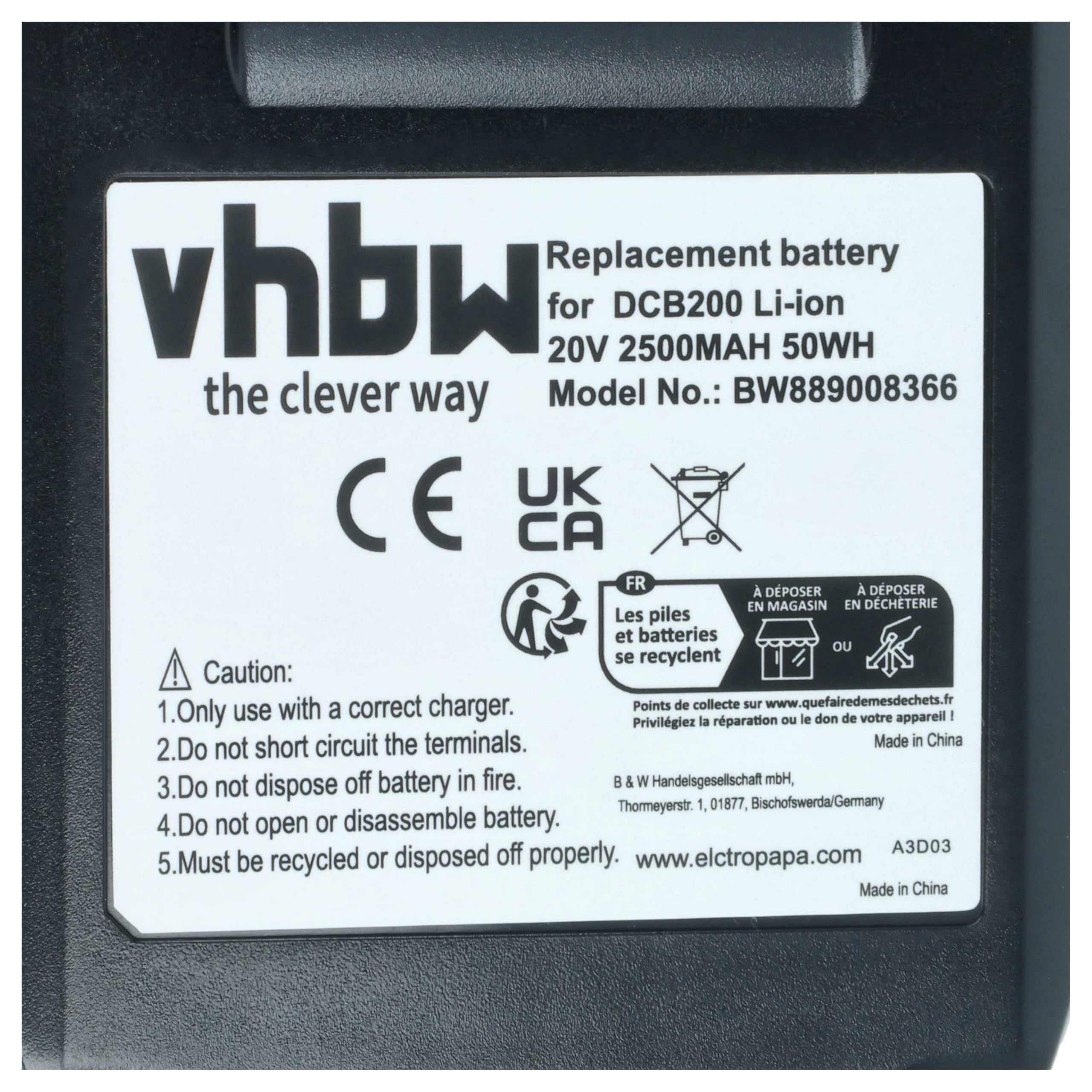 vhbw Batería Compatible con Dewalt DCS391, DCS381, DCS380M1, DCS380L1 | para DCS380B, DCS373M2, DCS355, DCS331N herramienta (2500 mAh, Li-Ion, 20 V)
