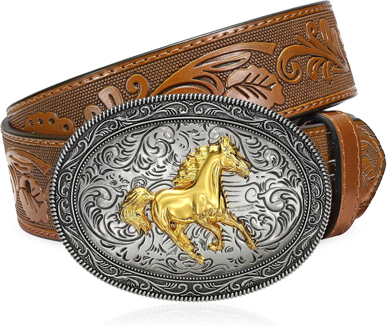 Western Cowboy Belt for Men Women, Country Longhorn-Bull Horse Buckle Embossed Leather Belt for Jeans Gift - Image 7