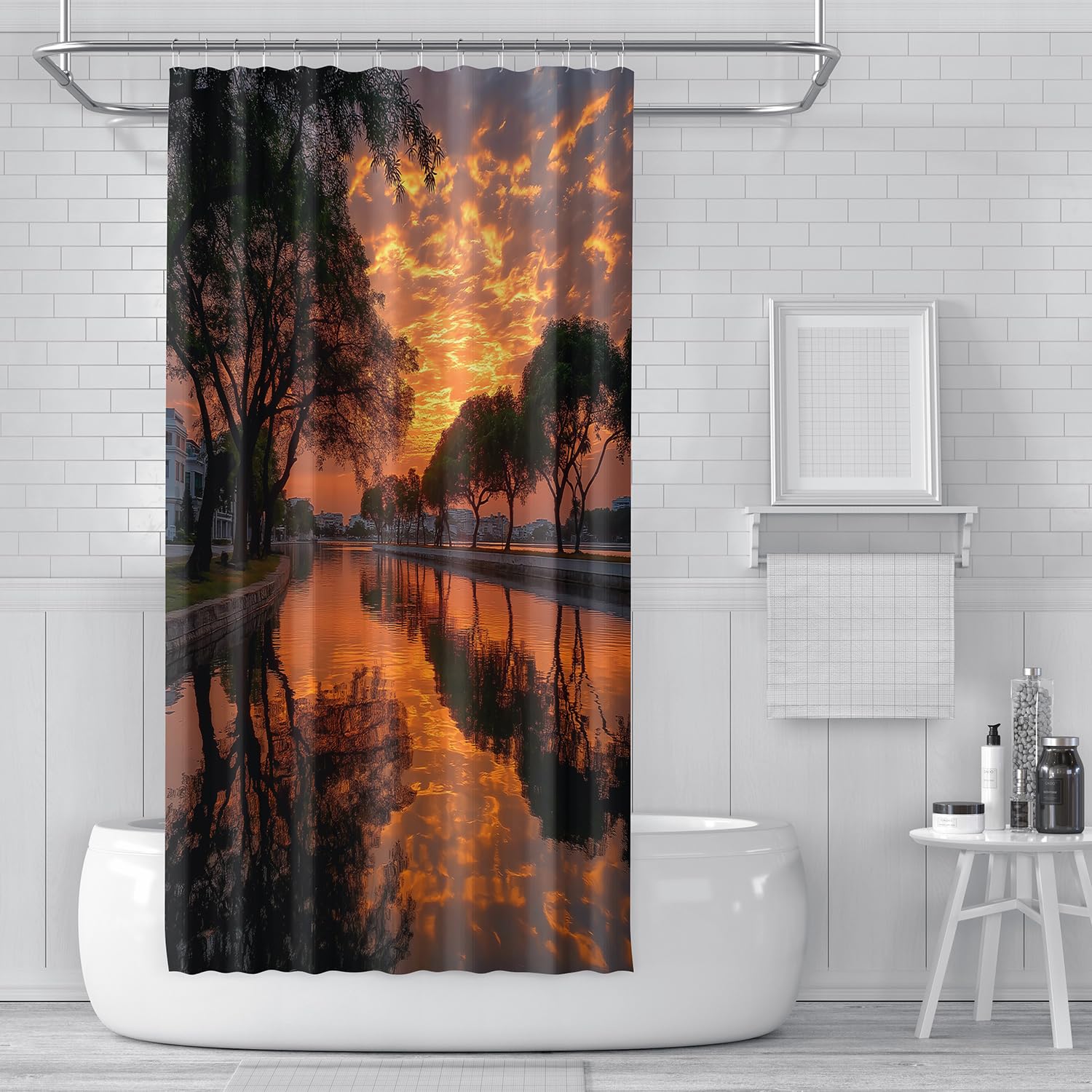 Duschvorhang 200x200 mit Sonnenuntergang und Naturlandschaft, Orange, Sonnenuntergang, Seeblick, Spiegelung, Badezimmervorhang, Wasserdichtes Polyestergewebe für Nassraum Badezimmerdekor mit Haken,