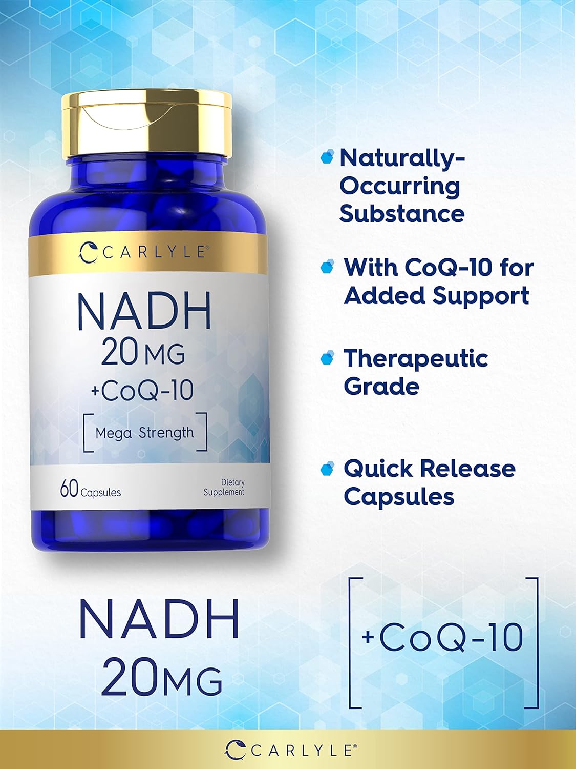 Carlyle NADH CoQ10 Supplement | 20mg | 60 Capsules | Mega Strength | Non-GMO, Gluten Free - Image 3