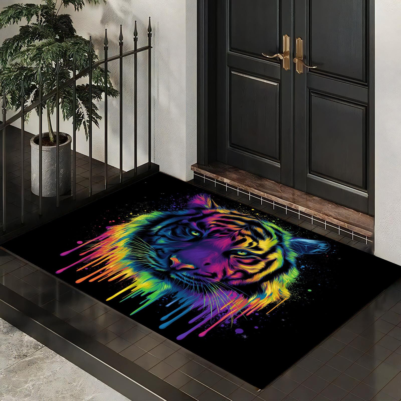 Paillasson tigre graffiti arc-en-ciel 60x90cm tapis d'entrée lavable et antidérapant