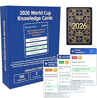 2026 World Cup Soccer Knowledge Trivia Cards Game - 100 Educational Question Cards, 5 Categories, 3 Difficulty Levels, Family and Friend Game Gift for Kids and Adults