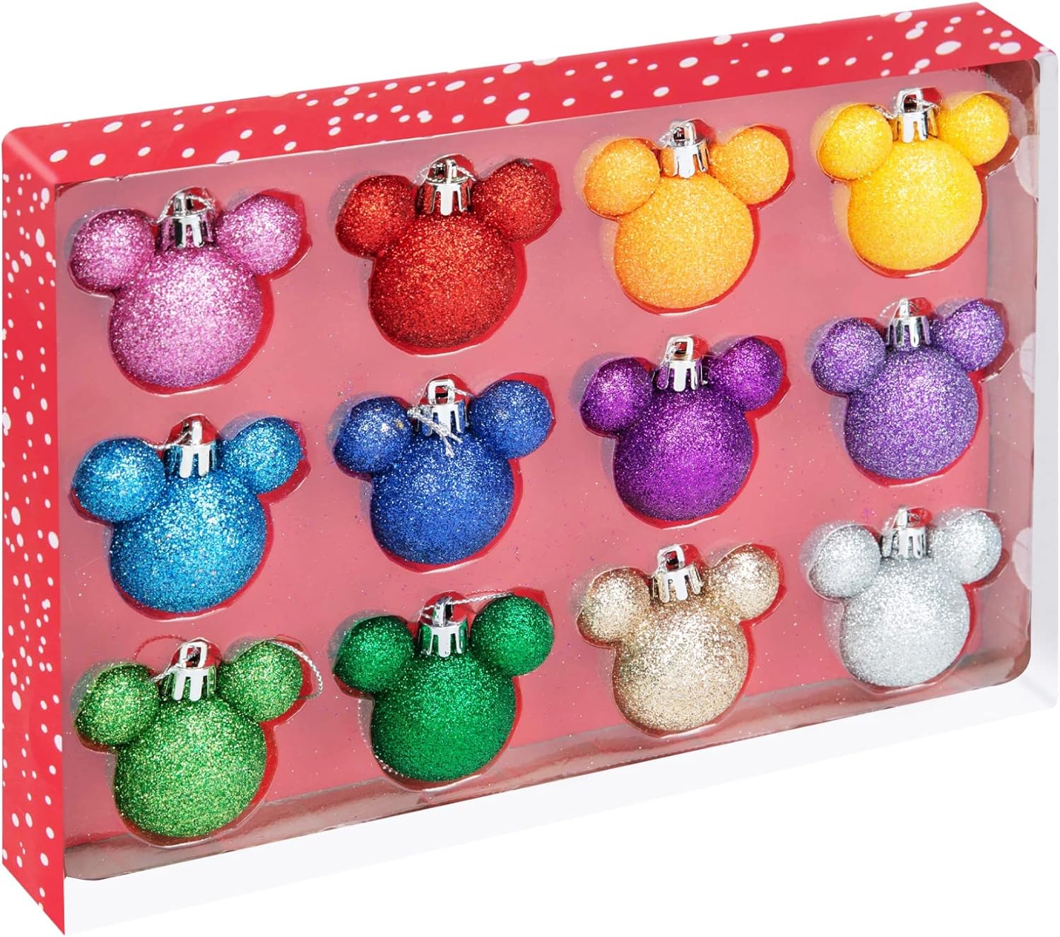 Disney Rainbow Glitter Mickey Mouse Bauble Tree Decorations Set of 12