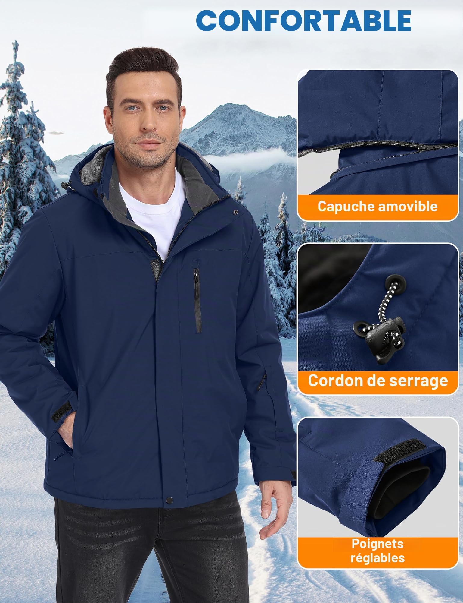Zoofly Veste de Ski Homme Imperméable Manteau Homme Hiver Chaude Doublure en Polaire avec Capuche Amovible
