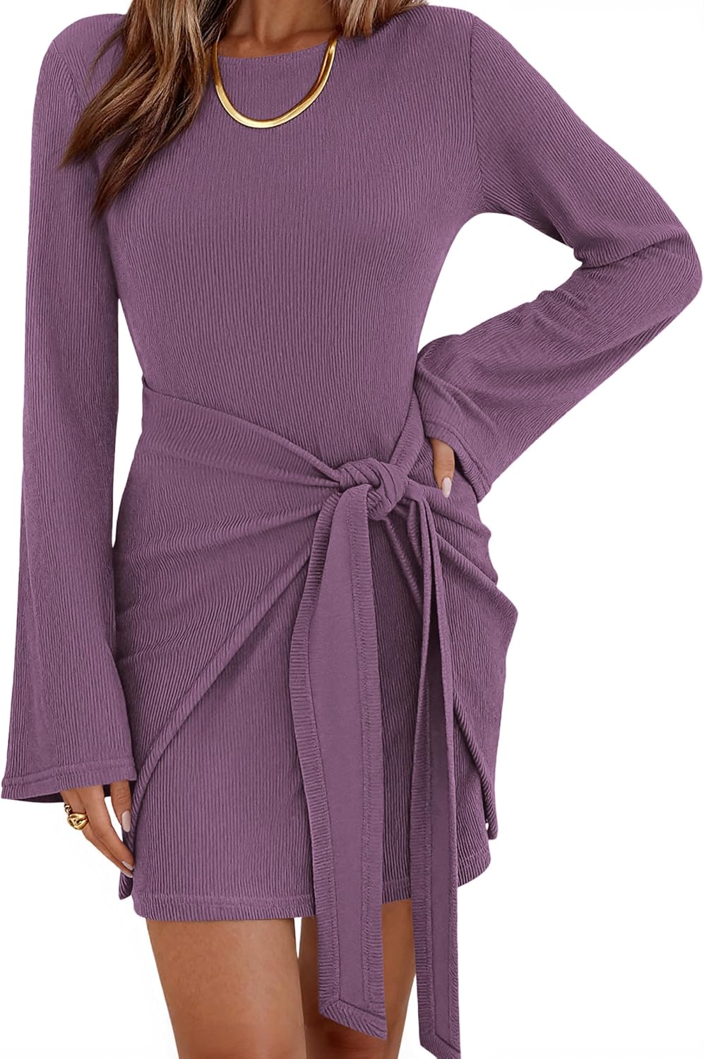  Women Bell Long Sleeve Tie Waist Bodycon Mini Dress