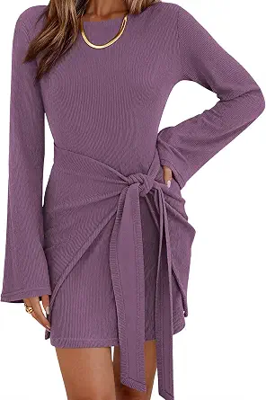  Women Bell Long Sleeve Tie Waist Bodycon Mini Dress