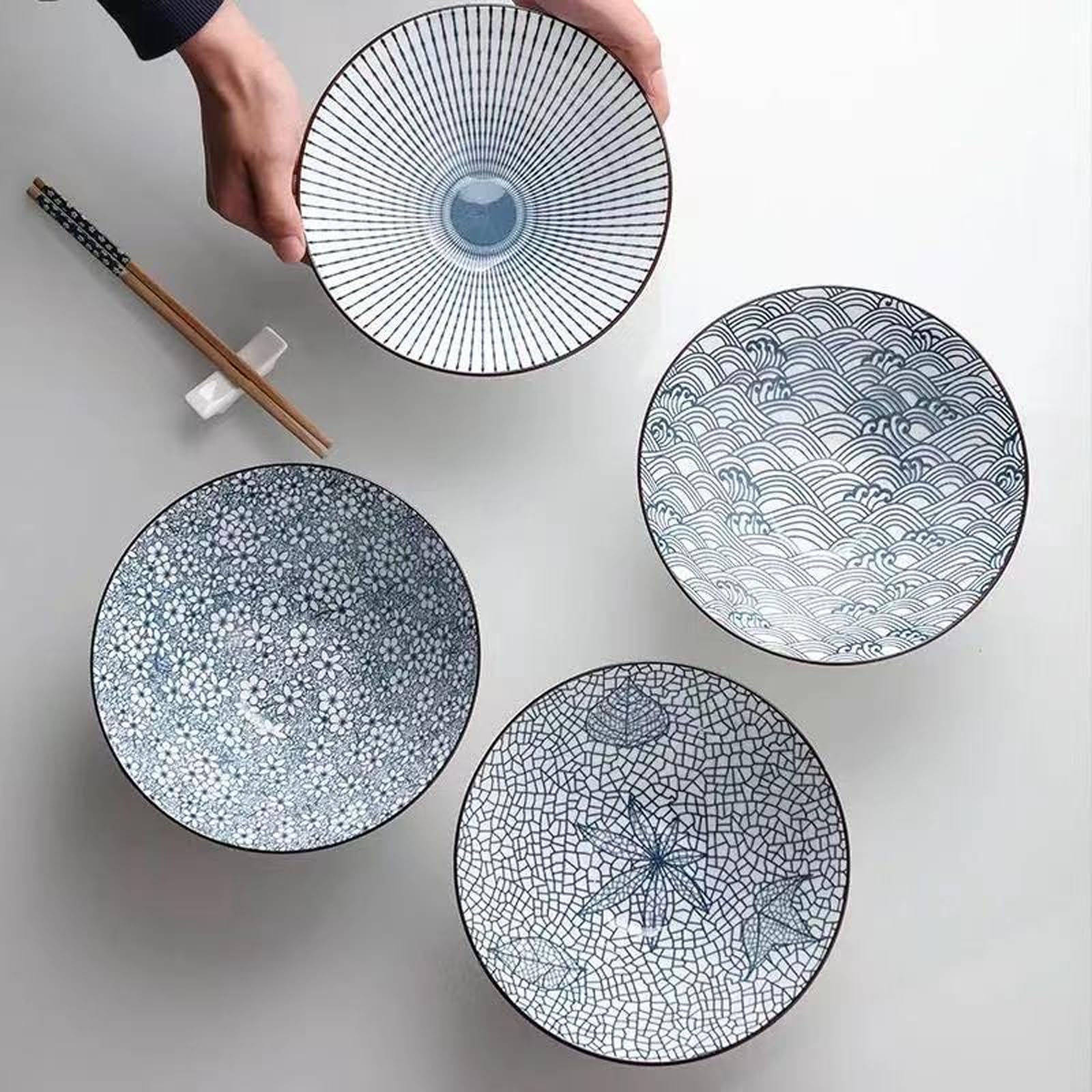 Bols à ramen japonais, lot de 4 bols en céramique de 20 cm, grands polyvalents pour nouilles ramen, rétro japonais pour céréales, soupes et nouilles