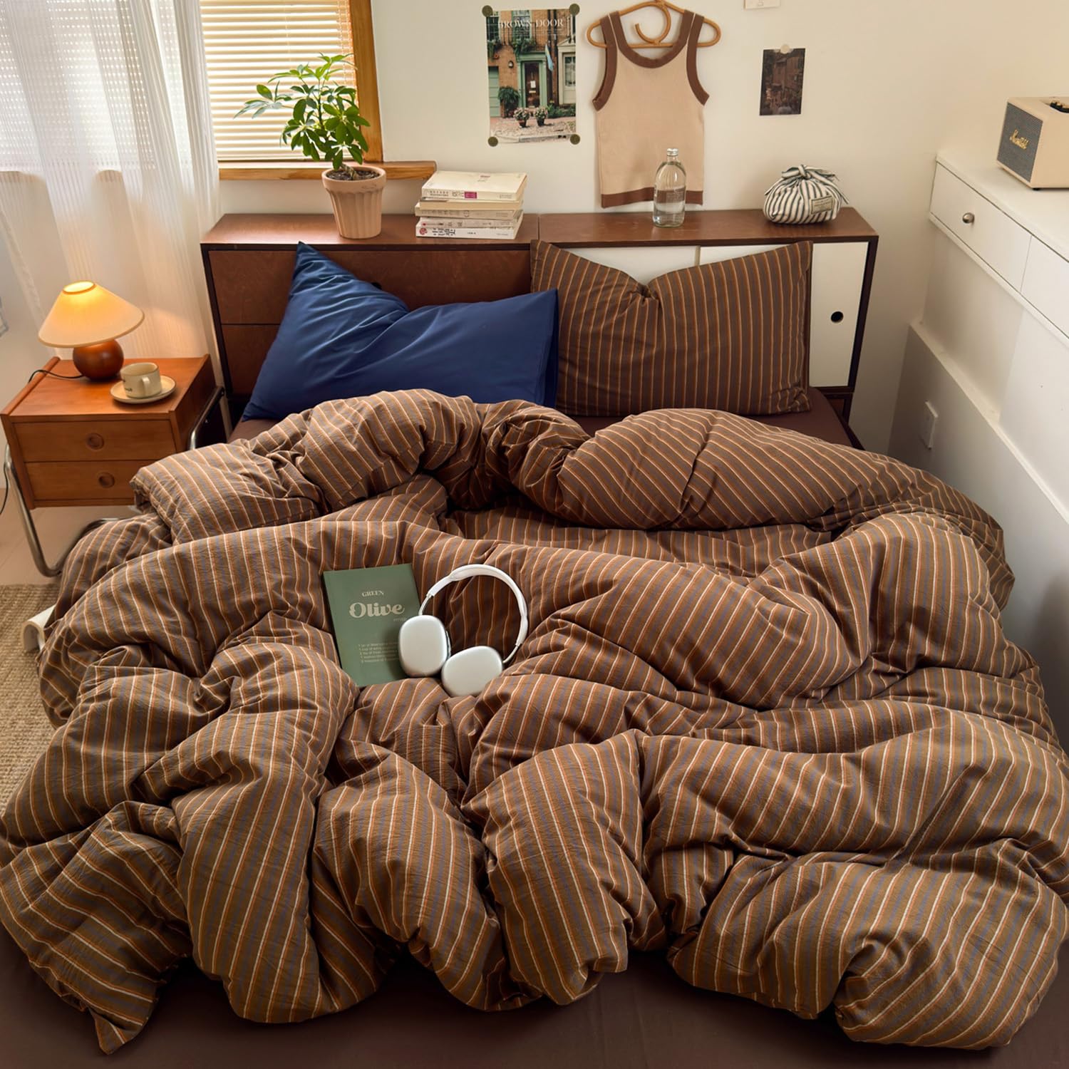 Freyamy Brown King Duvet Cover Set 3pcs Stripe Bedding Set — image 1