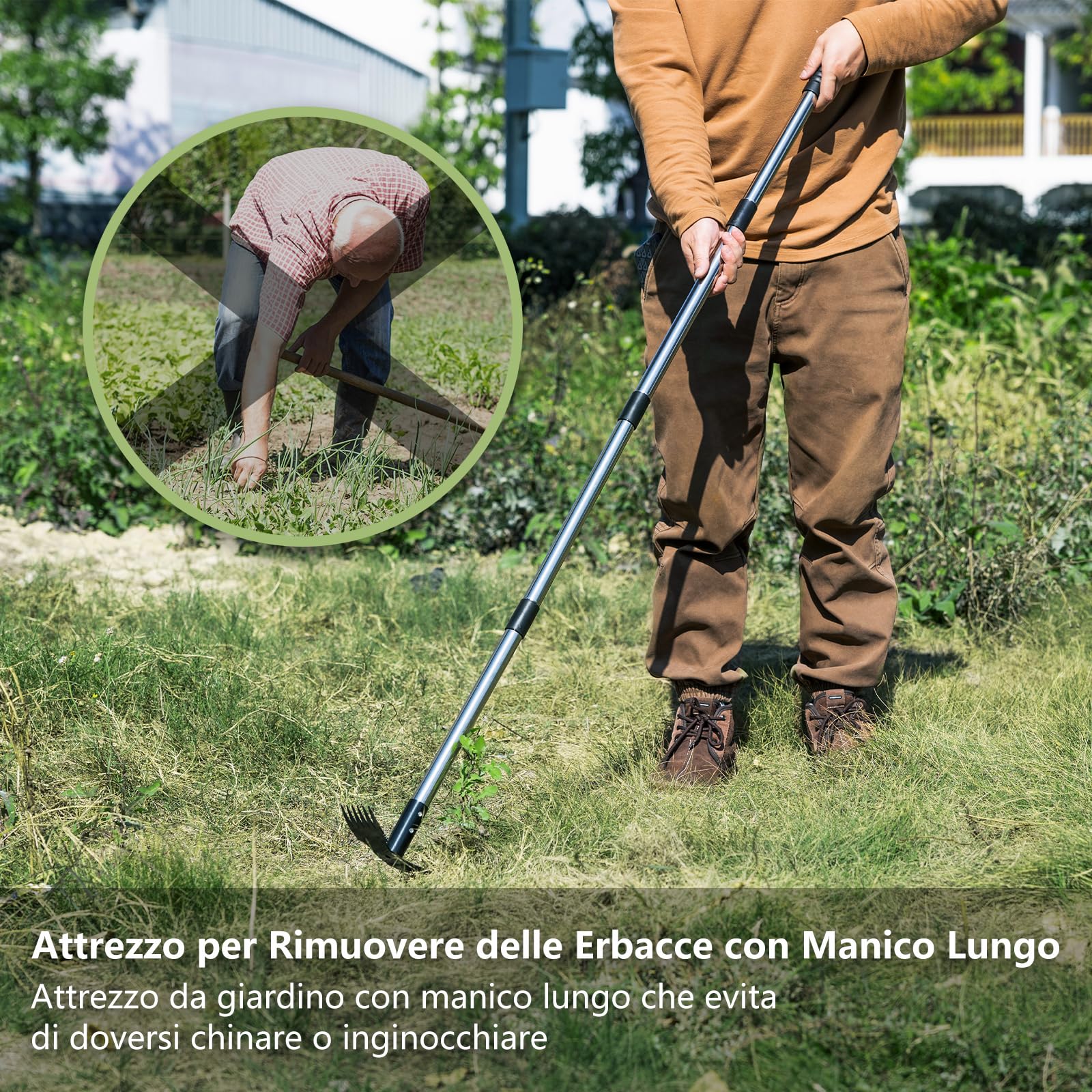 Mitclear Attrezzo per Rimuovere delle Erbacce con Manico Lungo(148cm), Rastrello per Diserbo e Zappa da Giardinaggio, Attrezzi da Giardino per Scavo del Terreno, Rimuove Erbacce, Cura del Prato