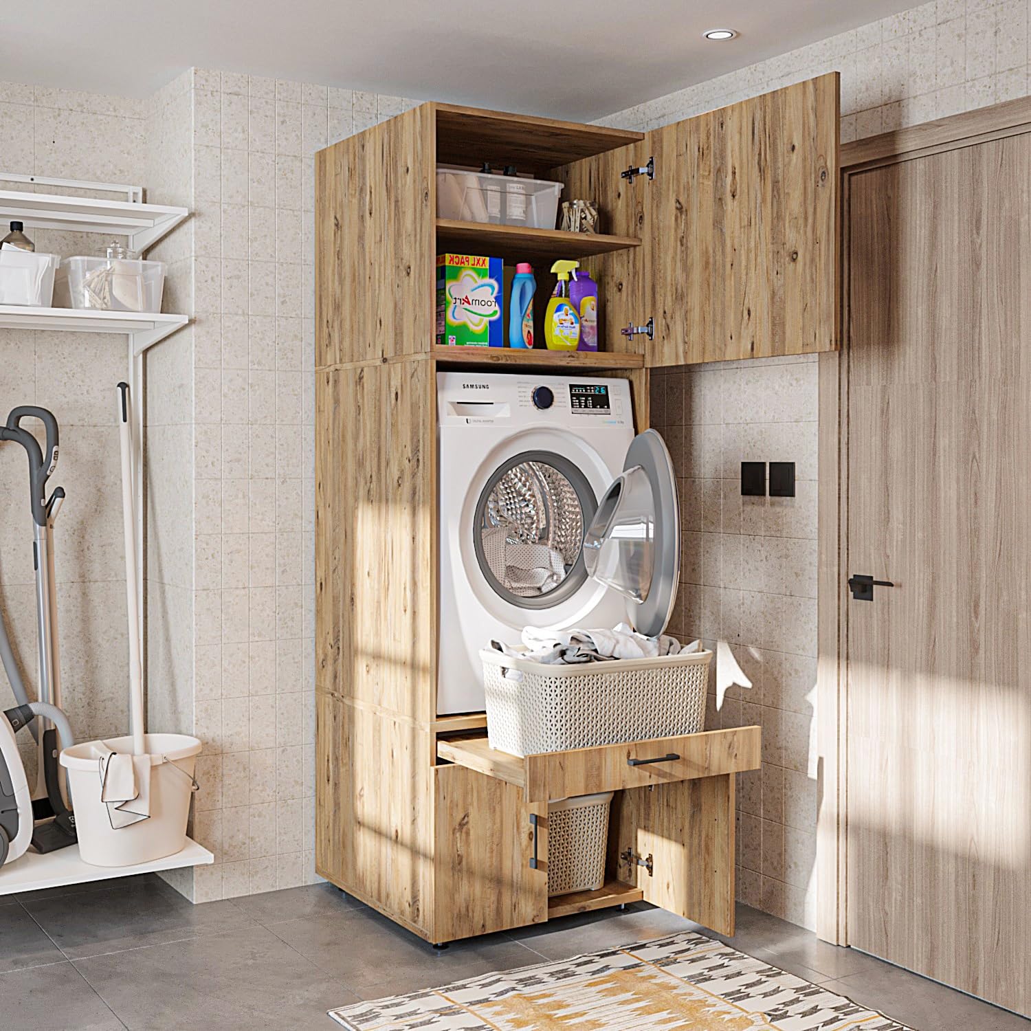ROOMART , Armoire de machine à laver avec support d'armoire et planche à rallonge, blanc, chêne noir, superstructure de machine à laver (armoire + insert (62 cm), chêne)