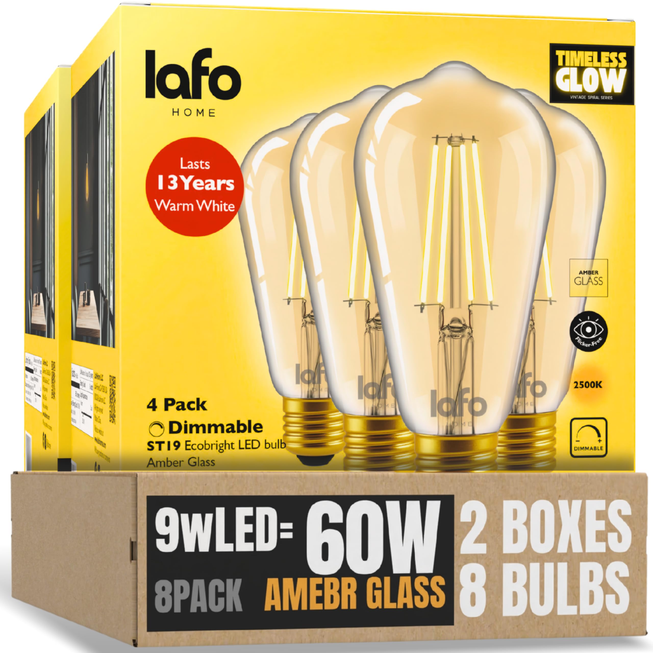 LafoHome 8 Pack Dimmable ST19/ST64 LED Edison Bulb 9W 60W Equivalent 650 Lumens Soft Amber 2500K E26 Base CRI90 Amber Glass Straight Filament ETL FCC