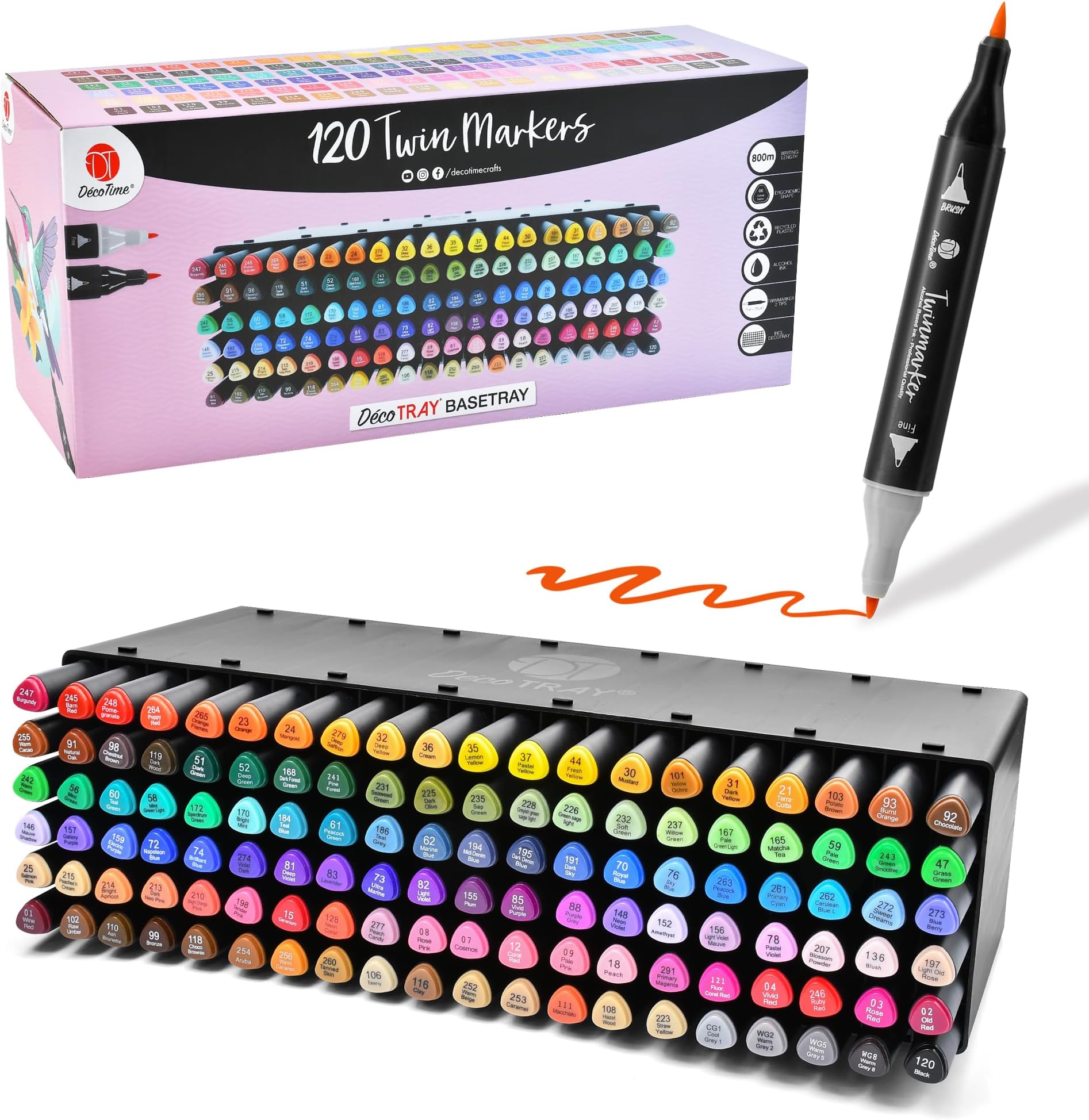 Decotime Twin Alcohol Markers with Stackable Alcohol Marker Storage Tray - 120 Dual Tip Fine & Brush Markers - Coloured Marker Pens for Adults, Kids - Quick Dry Art Supplies for Drawing & Colouring