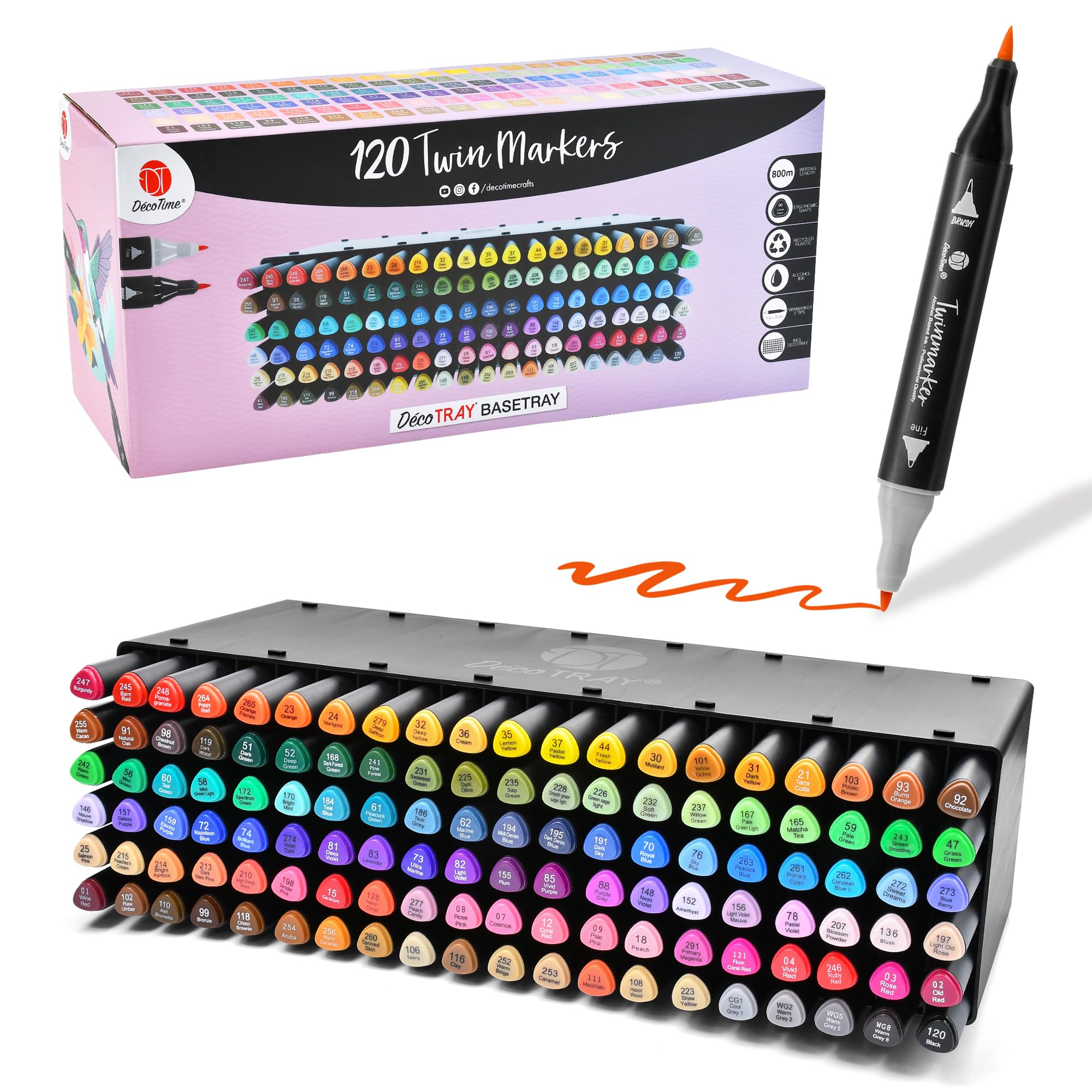 Deco Time Twin Alcohol Markers with Stackable Alcohol Marker Storage Tray - 120 Dual Tip Fine & Brush Markers - Coloured Marker Pens for Adults, Kids - Quick Dry Art Supplies for Drawing & Colouring