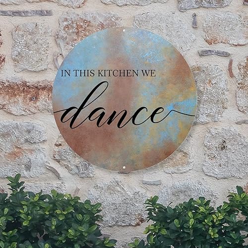 Miniatura 6 de Letreros de metal redondo con texto en inglés "In This Kitchen We Dance ", letreros de metal de aluminio, letreros de metal para pared, placas de