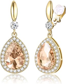 THUNARAZ Elegant Clip on Earrings for Women Sparkling Teardrop Dangle Clip Earrings Non-Pierced Rhinestone Cubic Zirconia Wedding Prom Jewelry 14K Gold and Silver Tone