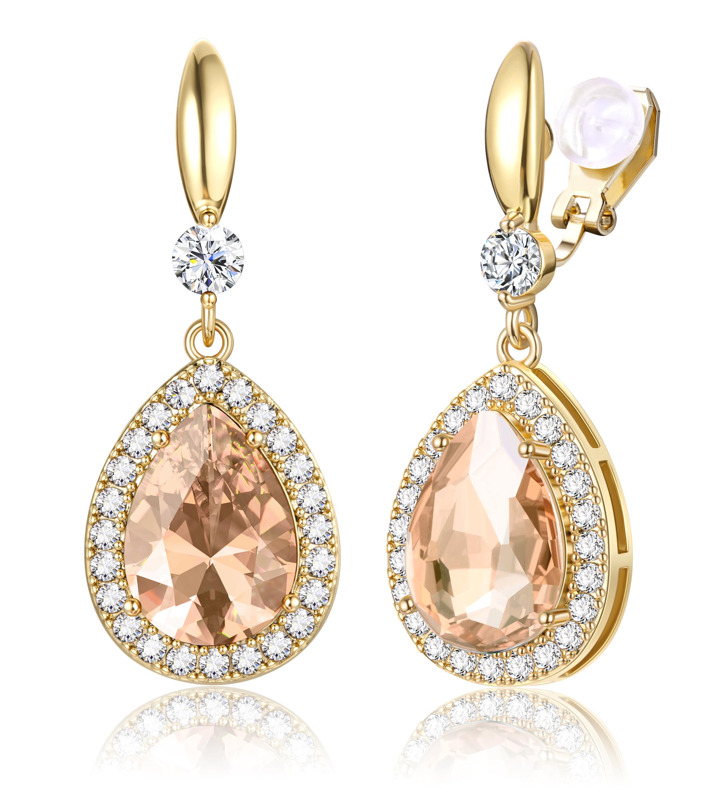 THUNARAZ Elegant Clip on Earrings for Women Sparkling Teardrop Dangle Clip Earrings Non-Pierced Rhinestone Cubic Zirconia Wedding Prom Jewelry 14K Gold and Silver Tone