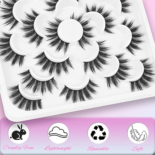 Miniatura 4 de Losha Pestañas postizas, paquete de 10 pares, pestañas postizas de visón sintético, hechas a mano, dramáticas, largas, gruesas, suaves,