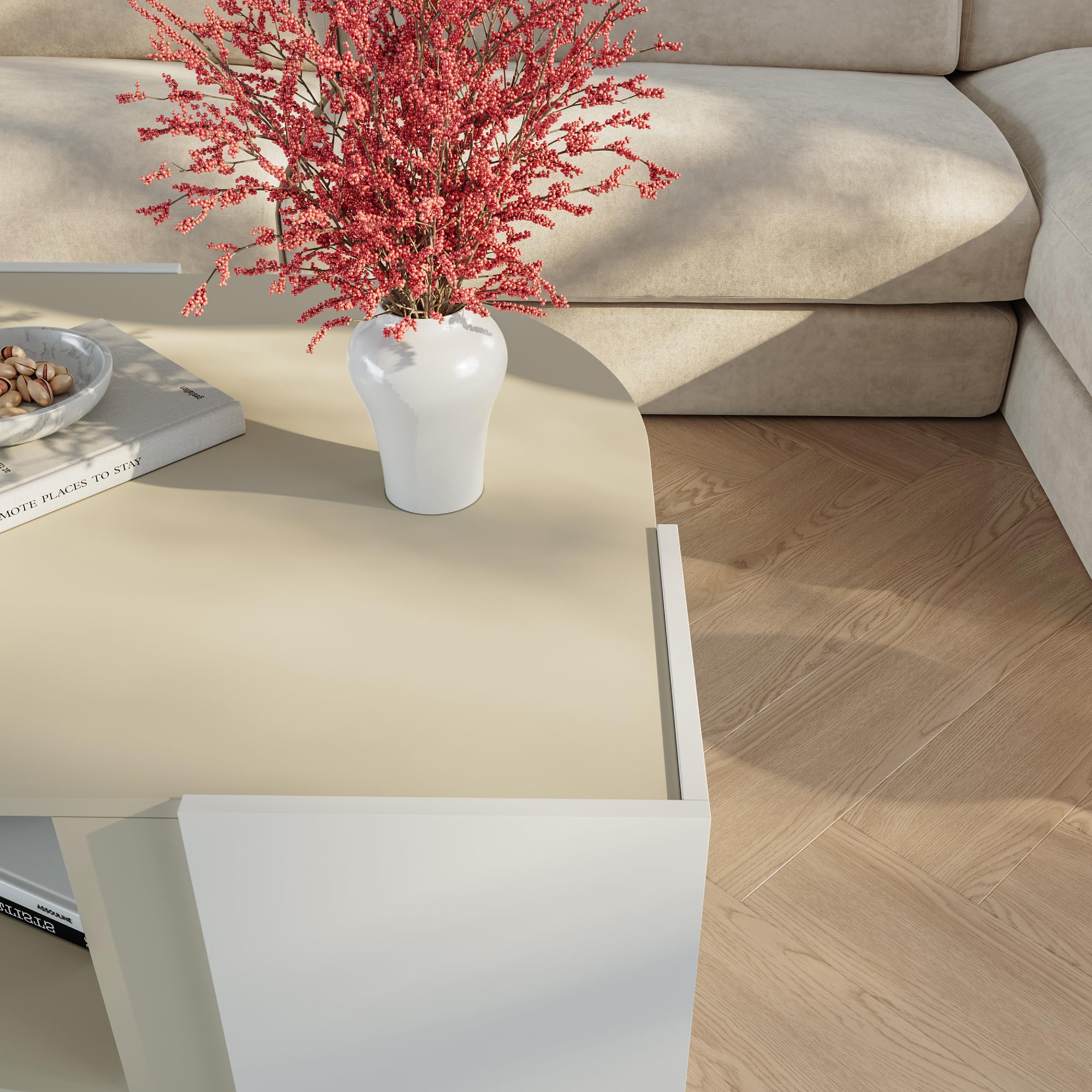 [en.casa] Tavolino Centrale da Salotto con Piano Curvo Tavolo Basso da Caffè con Ripiano Vano Aperto per Soggiorno Living Studio 75 x 75 x 40 cm - Bianco/Color Avena Oatmeal