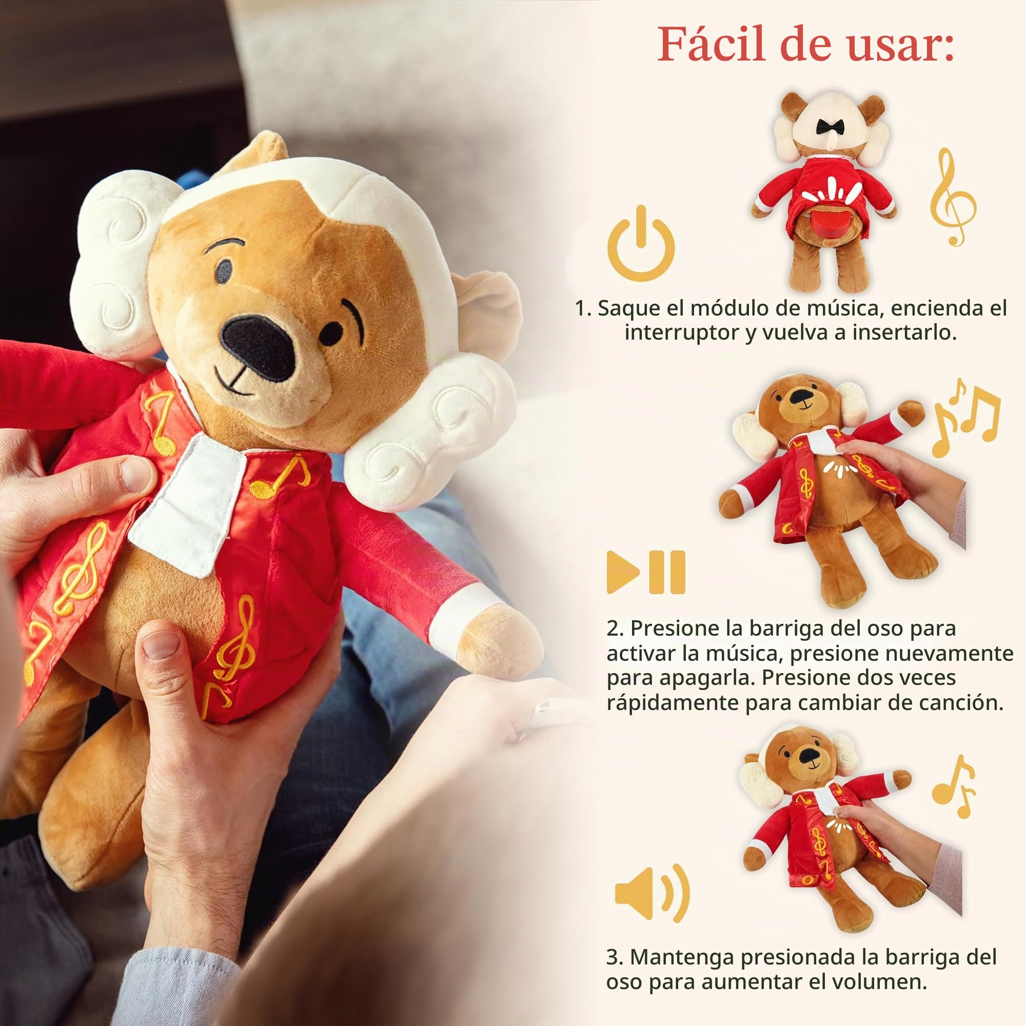 Amadeus Mozart Oso Virtuoso, 40 Minutos de Música Clásica, Peluche Musical Premiado 15″, Juguete Educativo