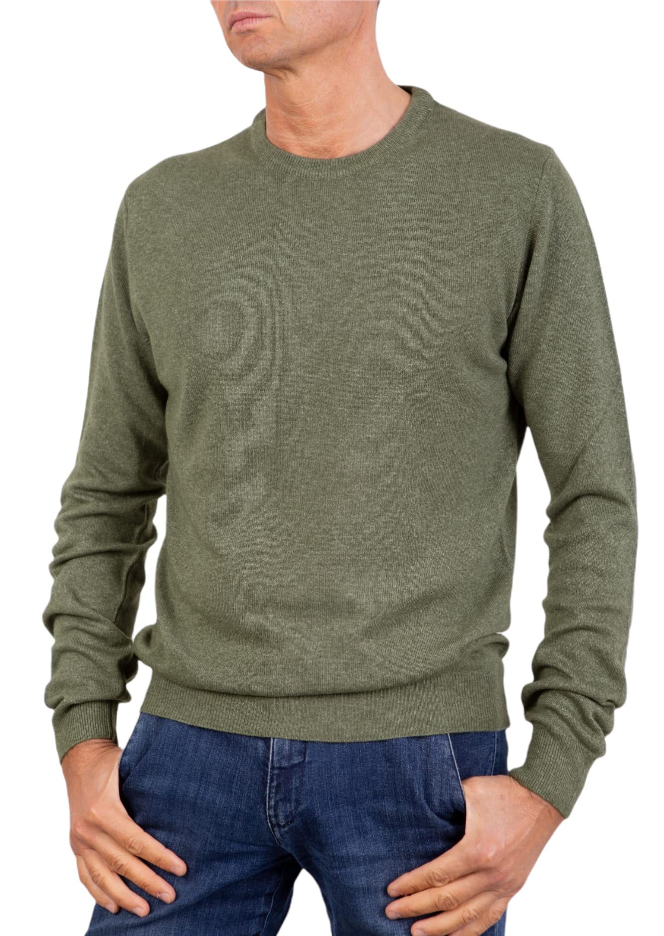 Men's Crew Neck mere Blend Silk Made in Italy Sweater Paricollo Pullover Long Sleeve Merino Wool mere Sweater Beige Blue Grey Knit Winter Clothing Gift, dark green, XL