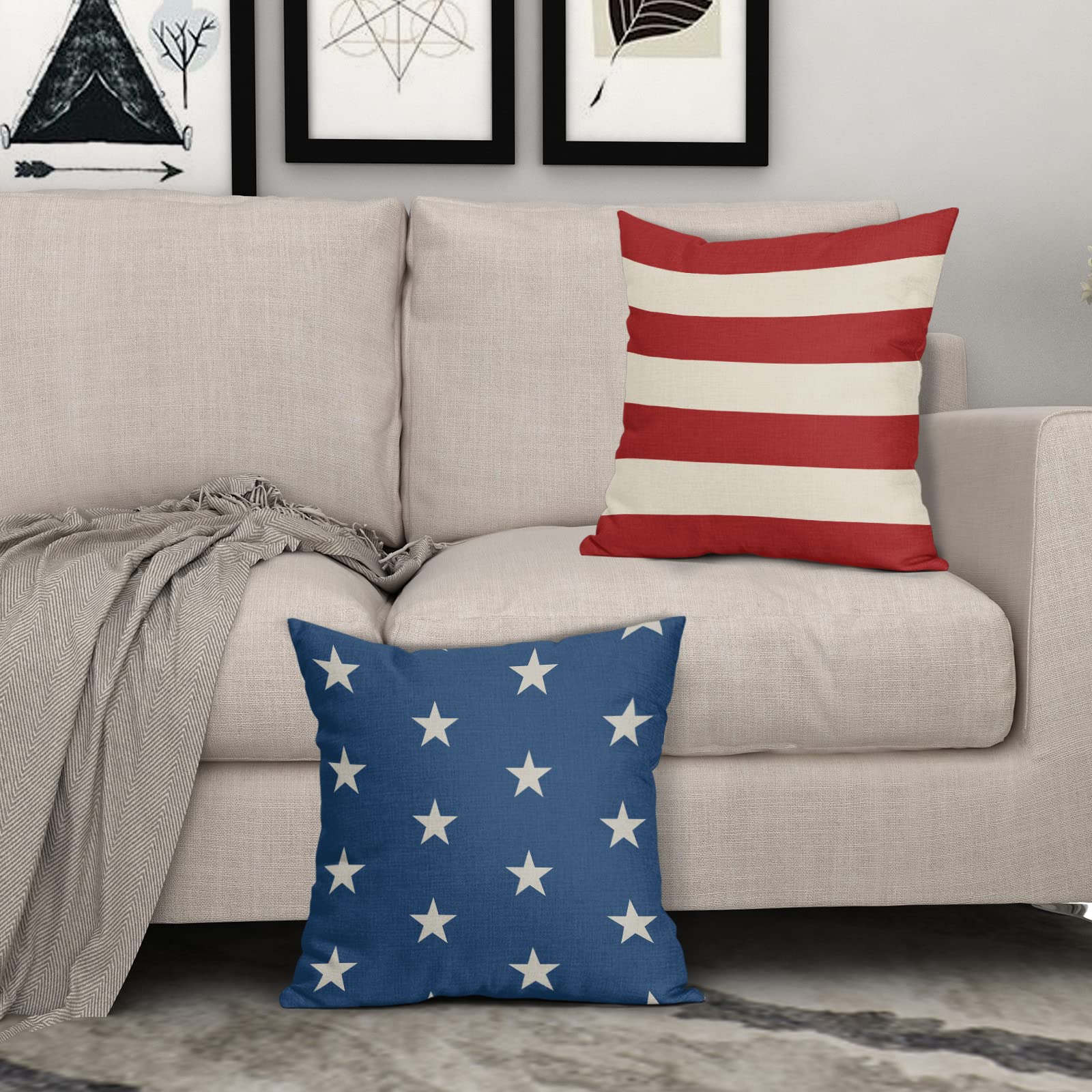 4th of July Pillow Covers 18x18 Blue Stars Red Stripes Memorial Day Independence Day American Patriotic Decorative PillowCase for Couch Sofa Home Throw Pillows Square Linen Cushion Case, Set of 1