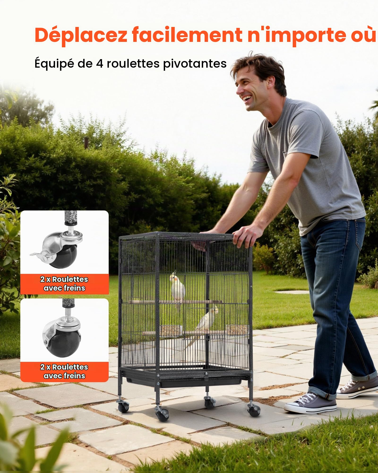 VEVOR Cage Oiseau 46x46x77 cm Volière Oiseaux Toit Plat Ouvert Cage Perroquet sur Pied Roues pour Mésange Bleue Calopsitte Canari Perruche Ondulée Conure, avec Perchoirs Plateau Coulissant Mangeoires