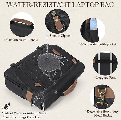 Miniatura 4 de RAINSMORE Bolsa tipo mensajero para hombre de 17 a 17.3 pulgadas, bolsa de lona resistente al agua, bolsa de hombro para computadora, oficina,