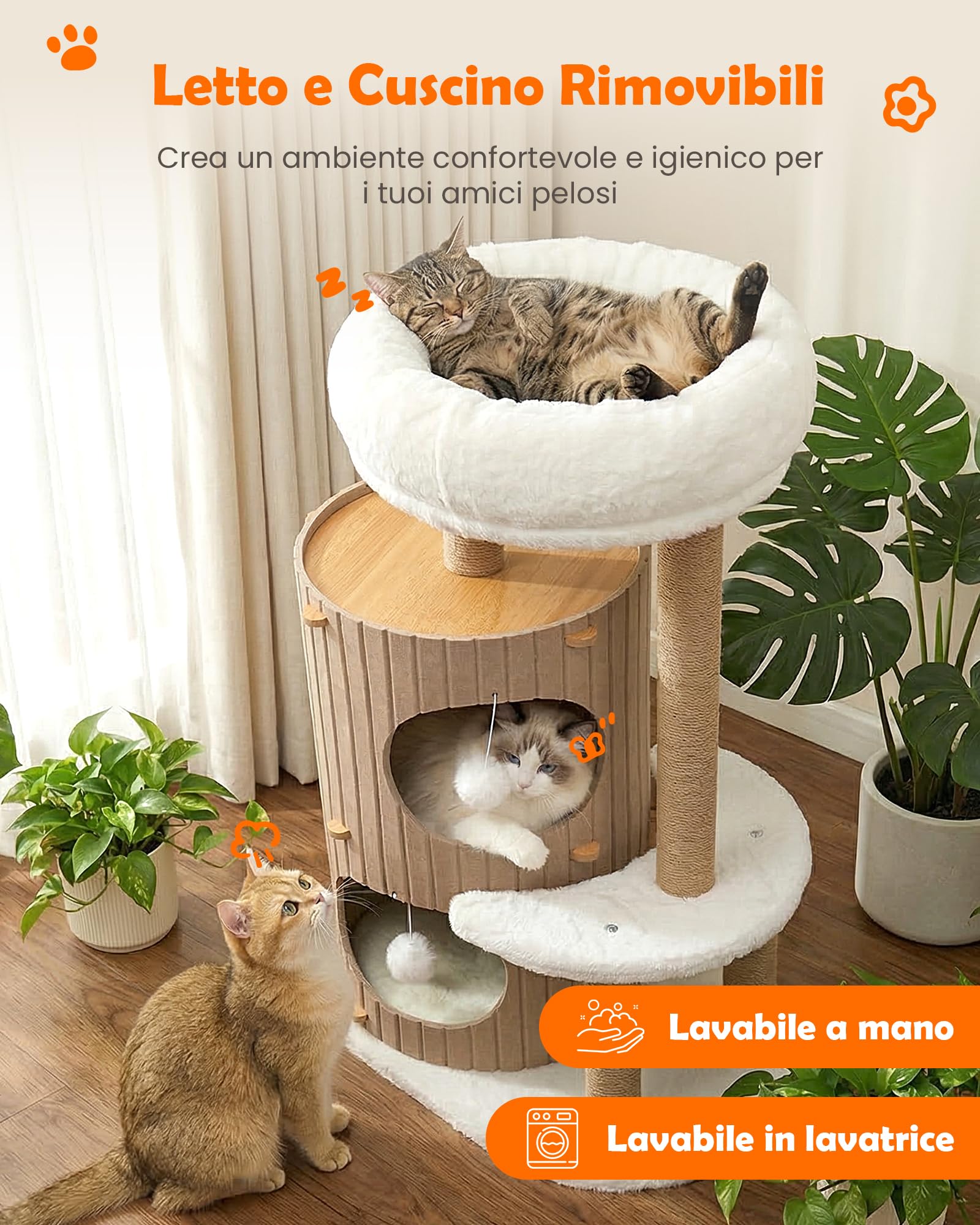 Di lusso Tiragraffi per gatti – Albero di gatto con casetta per gatti, tavola in sisal, letto rimovibile e palla da gioco |Albero da arrampicata (Beige, Tiragraffi per Gatti)