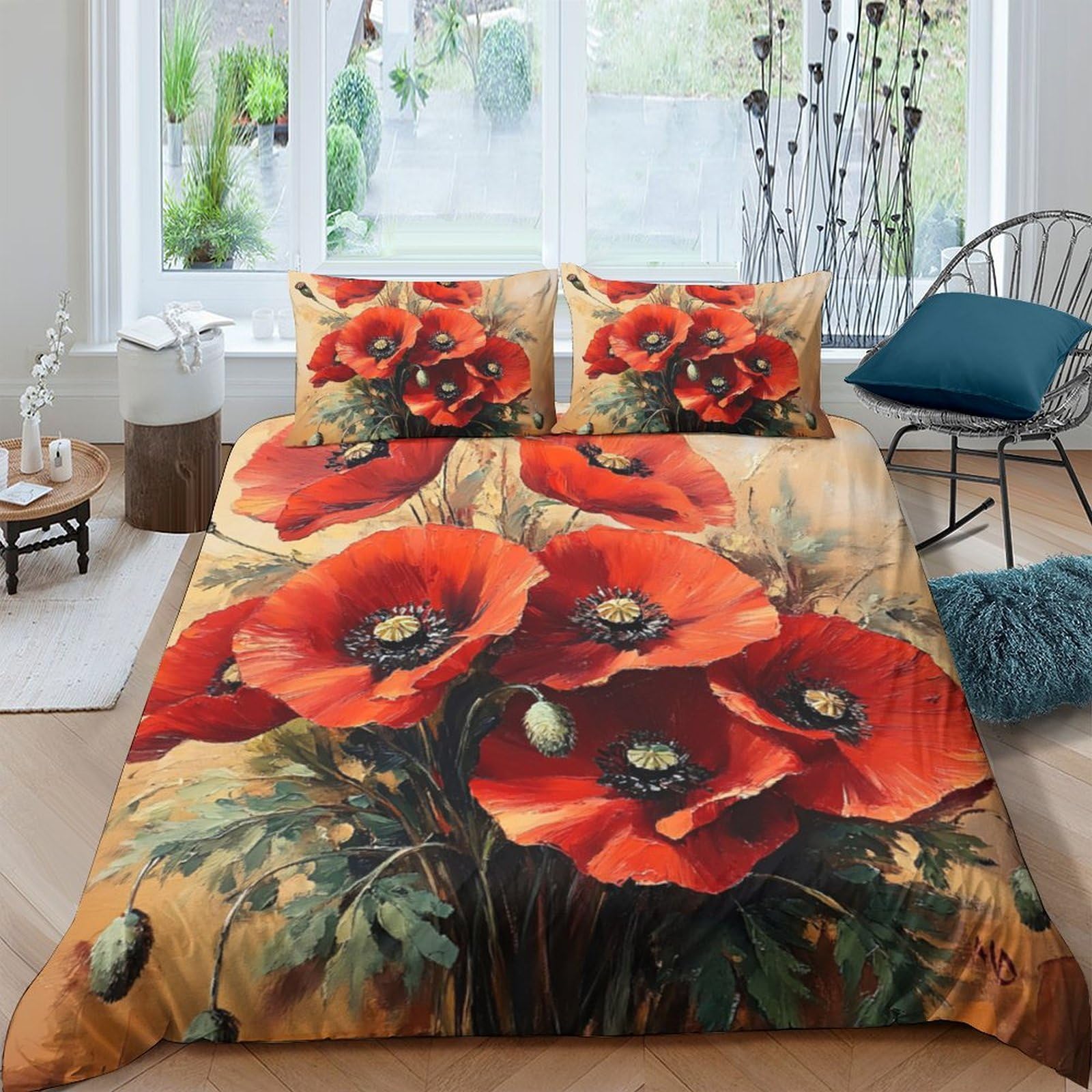 GPLZQXKJNH 3D Printed Red Poppy Flower Duvet Cover Microfiber Soft Breathable Botanical Bedding Set with 2 Pillowcases for Bedroom Decor Single（135x200cm）